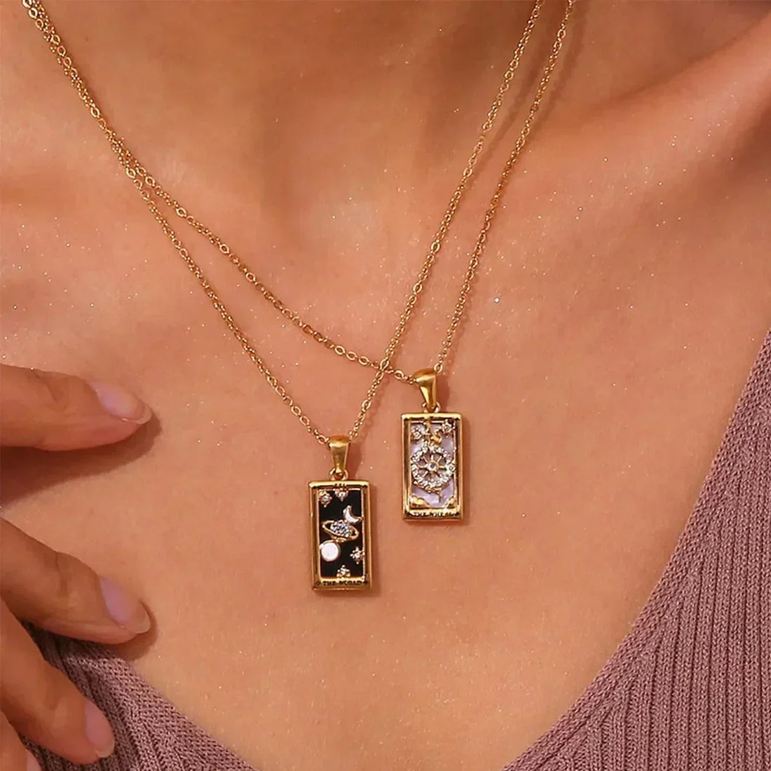YILUOCD Original Zirconia Tarot Card Necklace Classic Tarot Queen Lover Magician Moon Wealth Amulet Stainless Steel Jewelry
