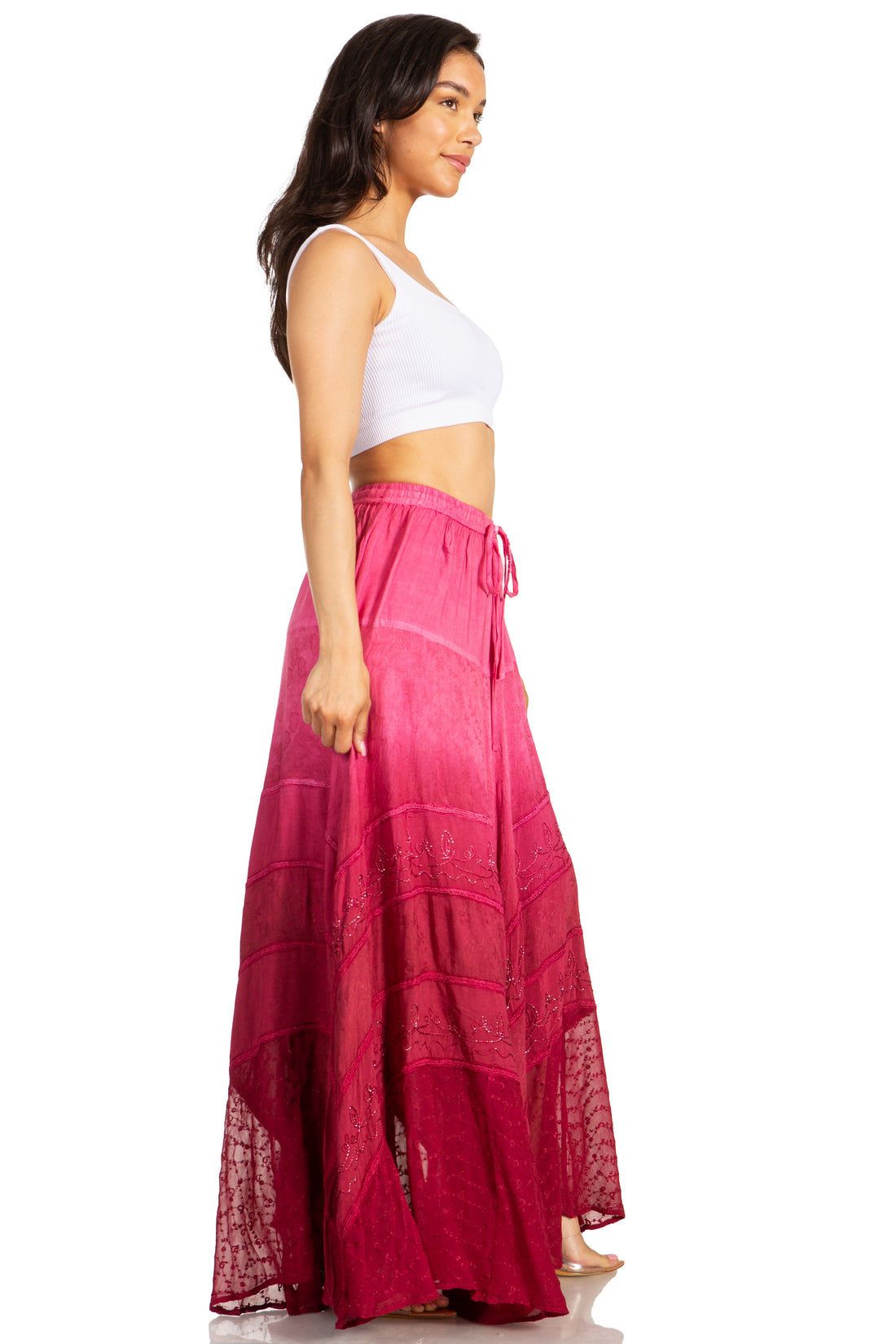 Sakkas Lyra Womens Bohemian Soft Brocade Rayon Tiered Embroidered Flowy Long Skirt