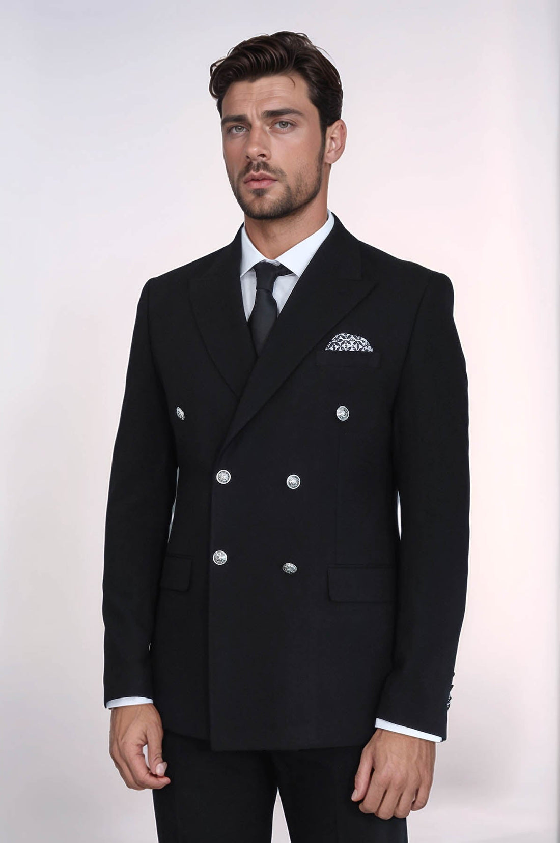 Modern Fit Double-Breasted Black Men’s Suit with Silver-Tone Metal Buttons – Wessi