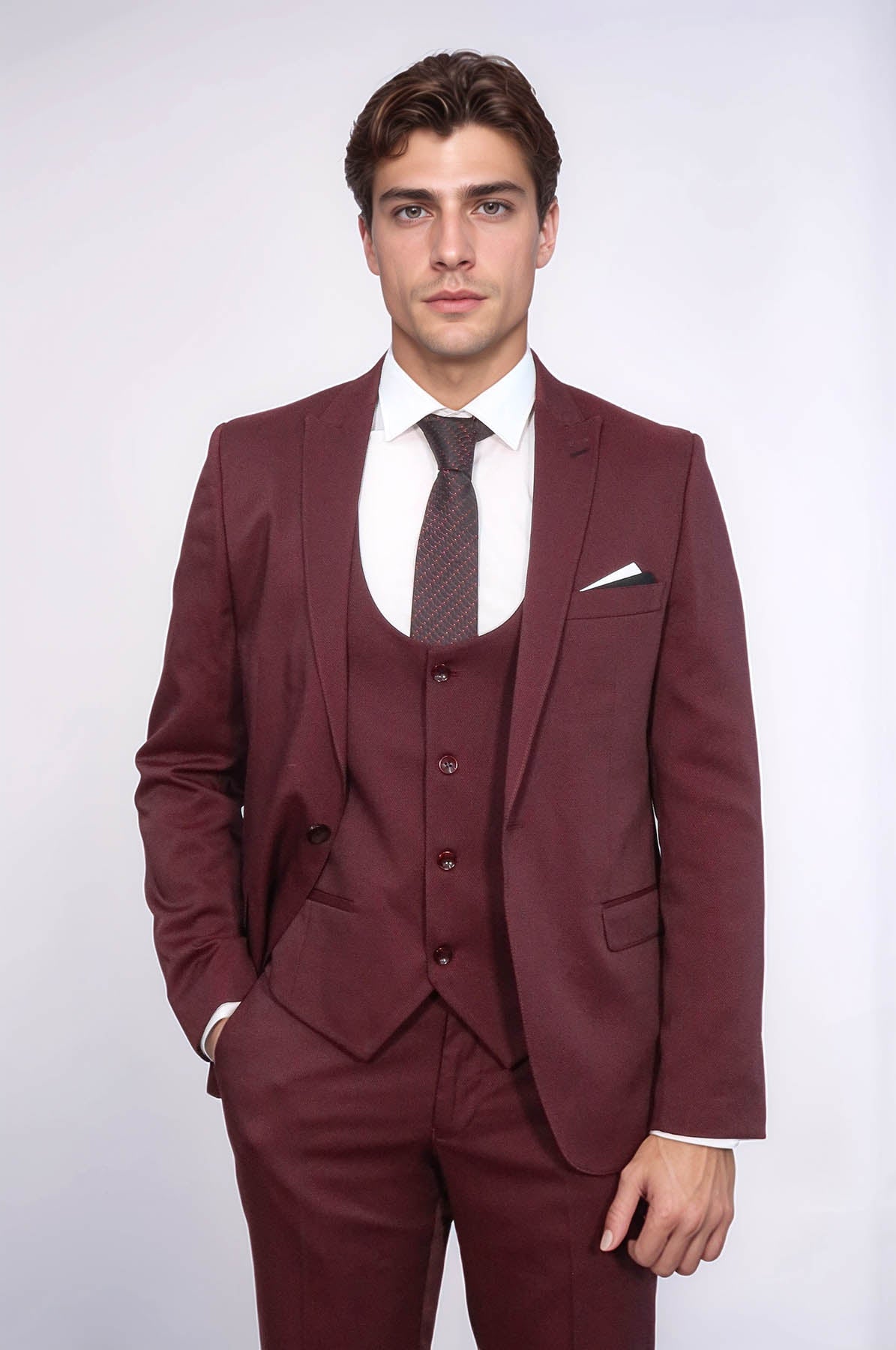 Patterned Claret Red Vested Suit- Wessi