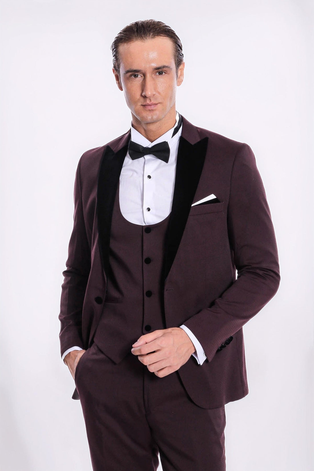 Velvet Lapel Slim Fit Burgundy Men Tuxedo - Wessi