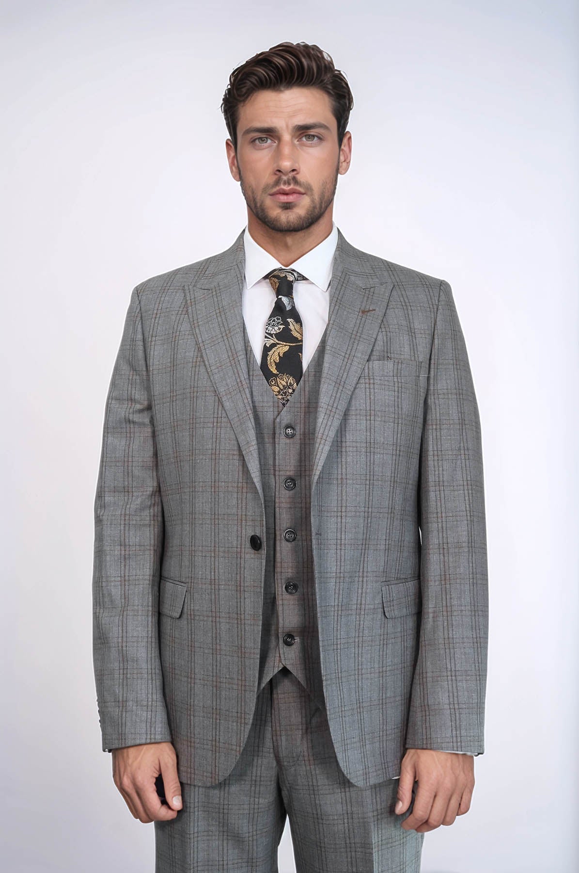 Checked Slim Fit Grey Men Suit - Wessi