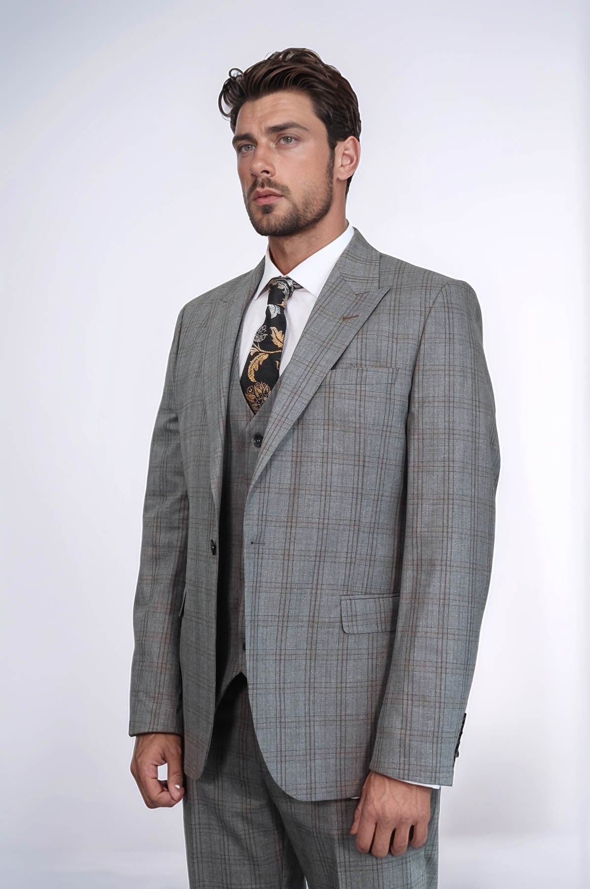 Checked Slim Fit Grey Men Suit - Wessi