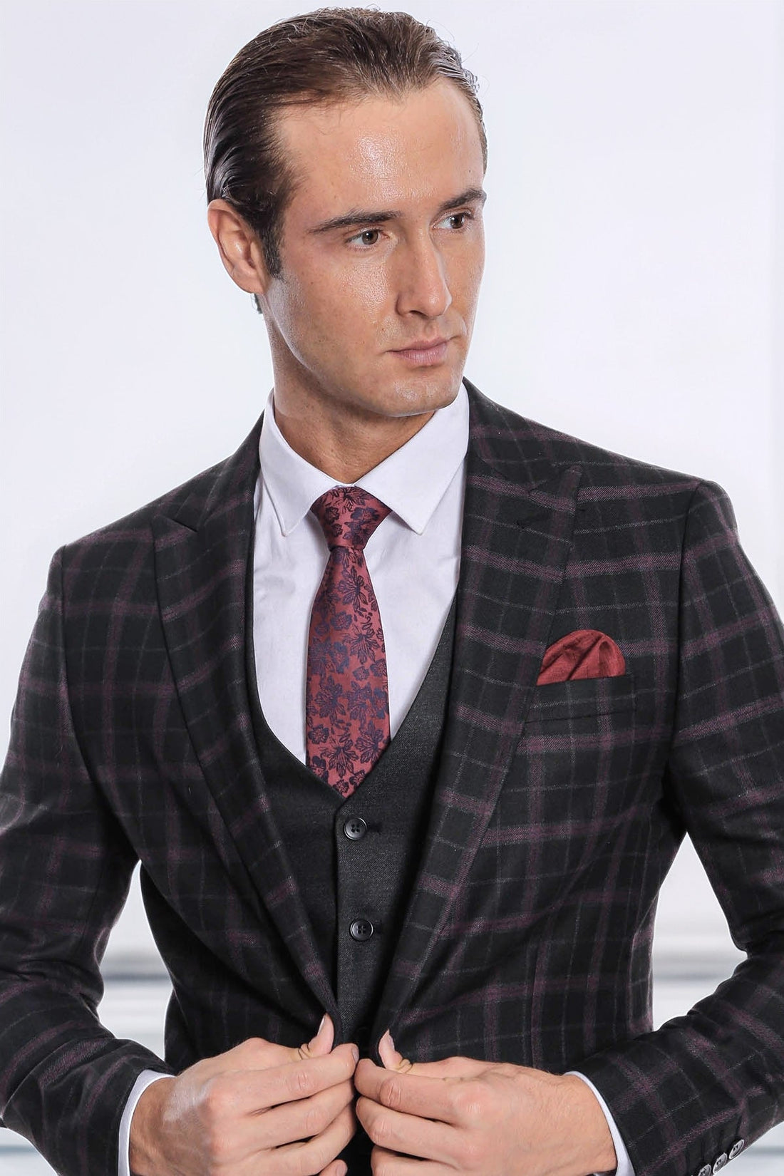 Purple Vested Slim Fit Checked Black Men Suit - Wessi