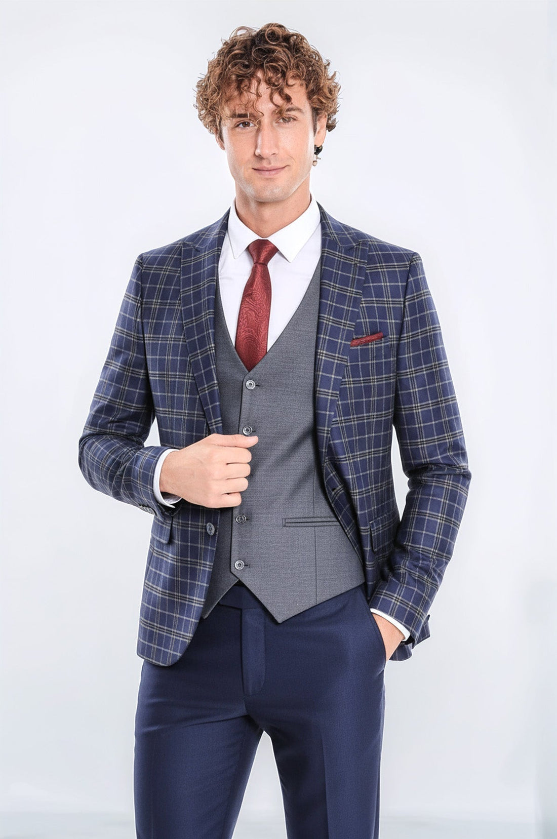 Blue Vested Slim Fit Checked Navy Blue Men Suit - Wessi