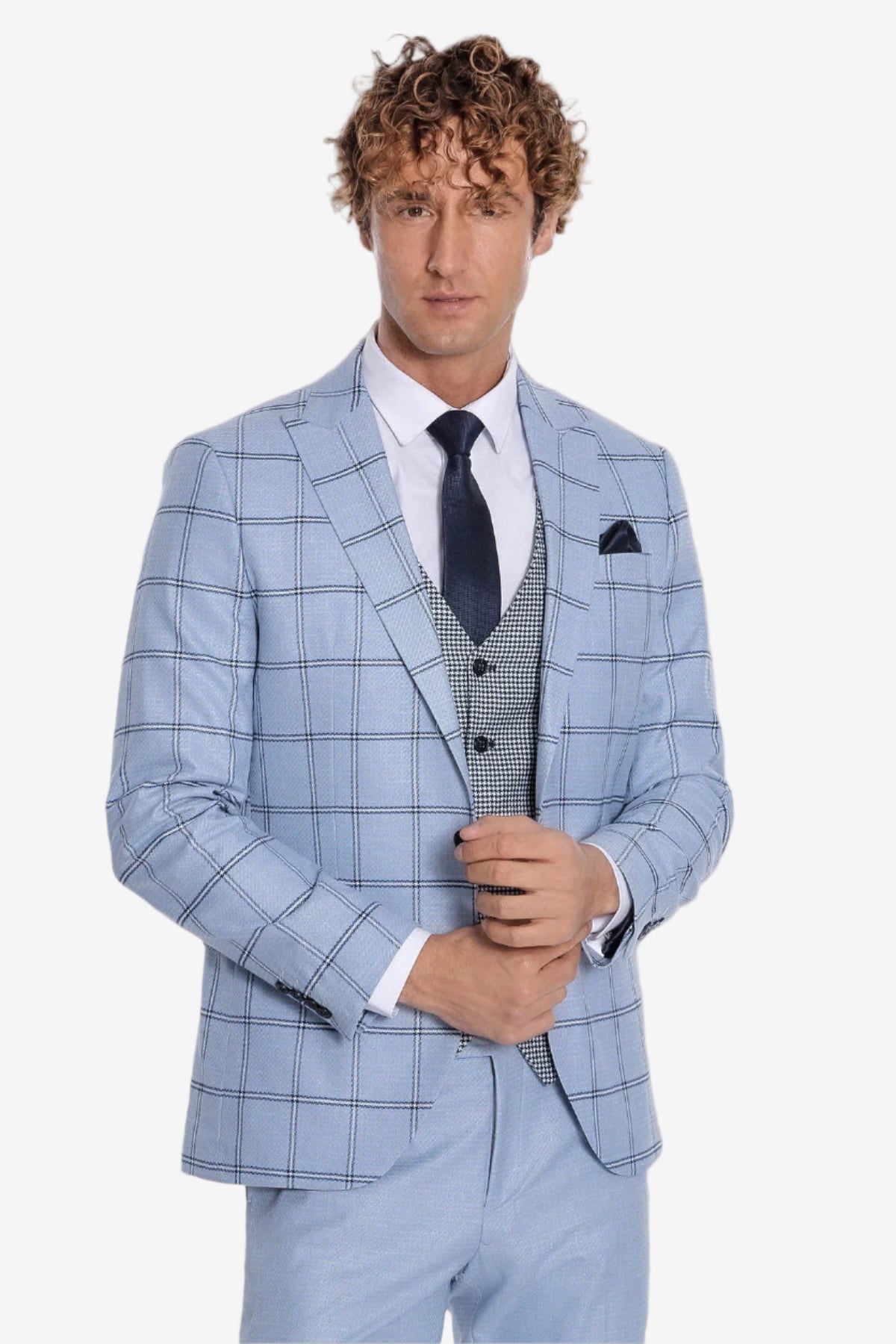 Checked Patterned Slim Fit Light Blue Men Suit - Wessi