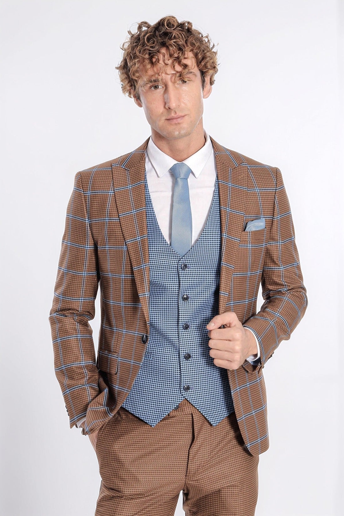 Checked Patterned Slim Fit Brown Men Suit - Wessi