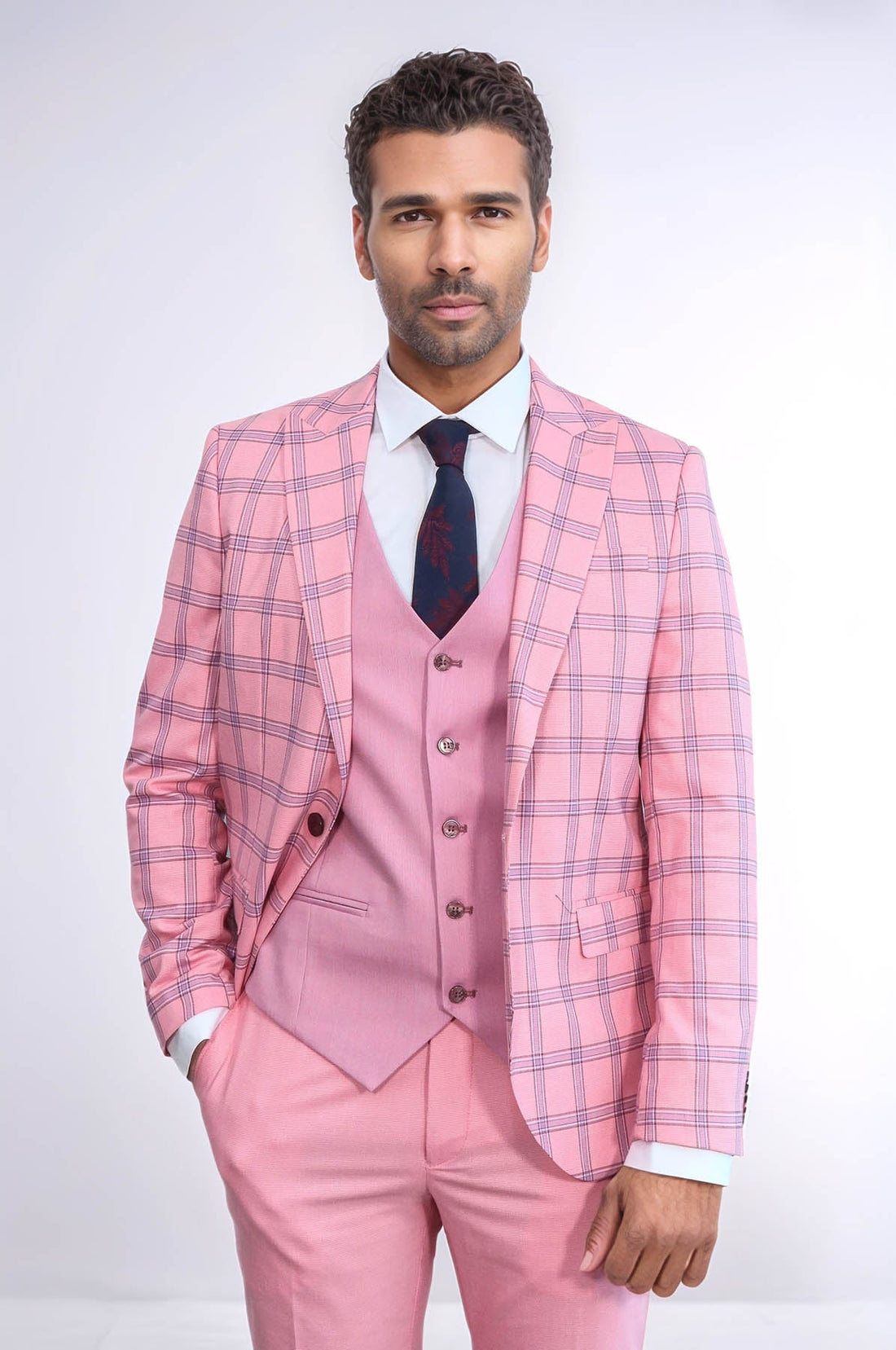 Checked Patterned Slim Fit Pink Men Suit - Wessi