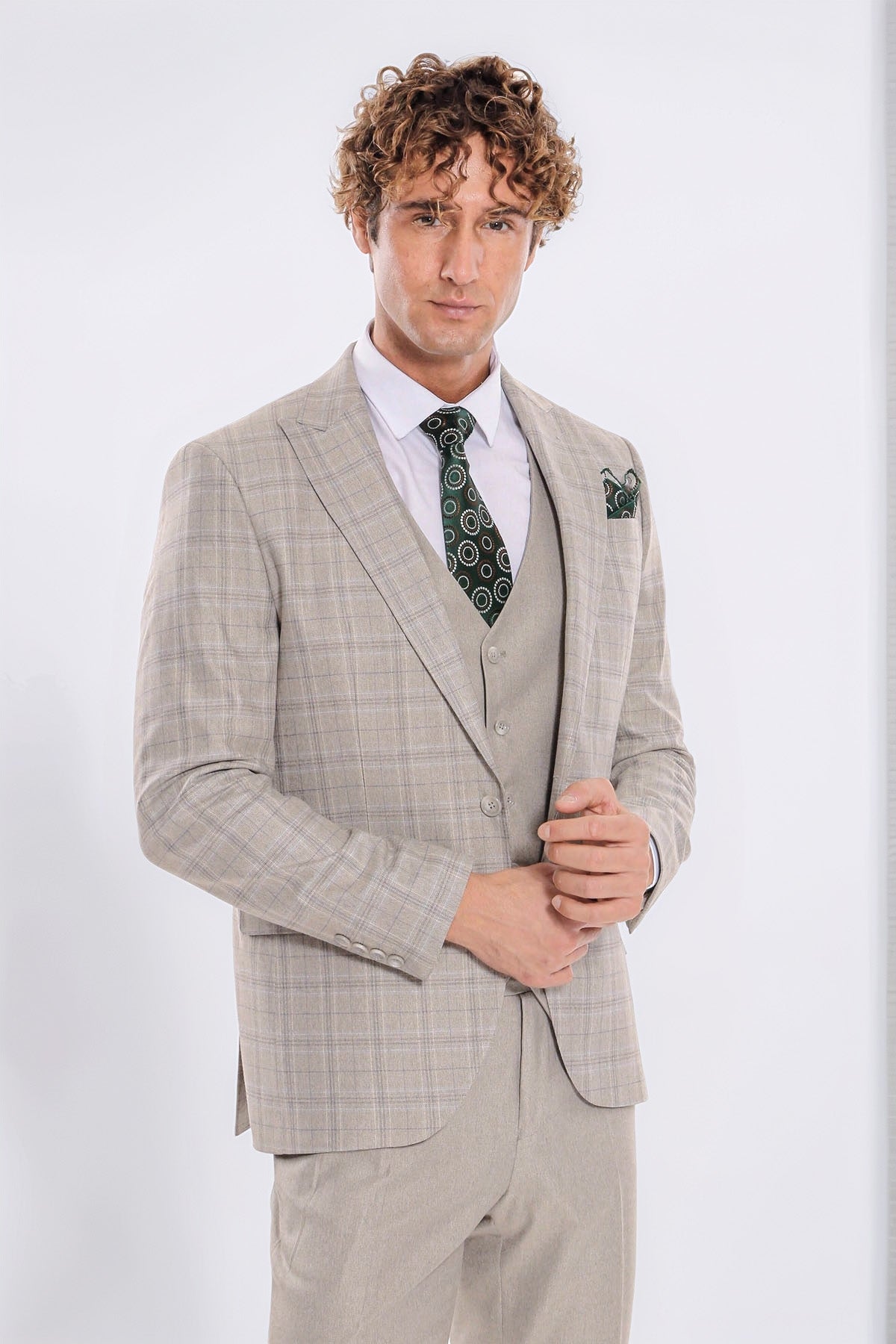 Checked Slim Fit Cream Men Suit - Wessi