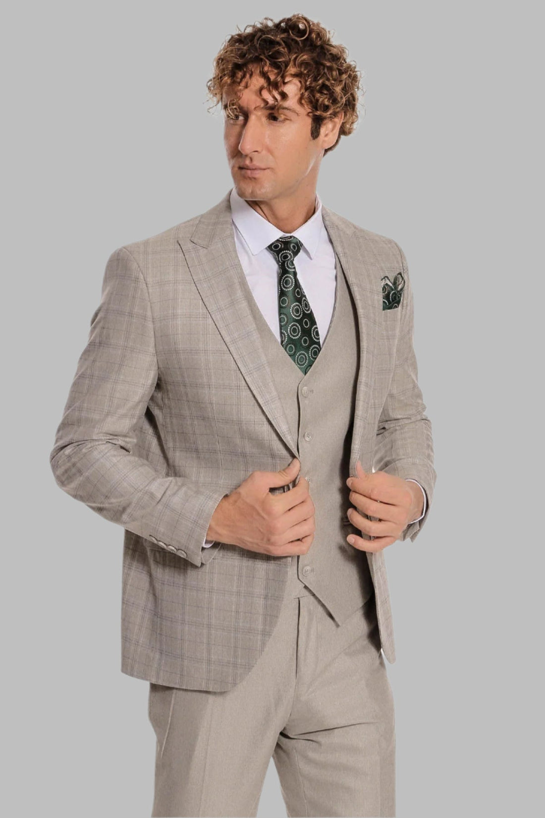 Checked Slim Fit Cream Men Suit - Wessi