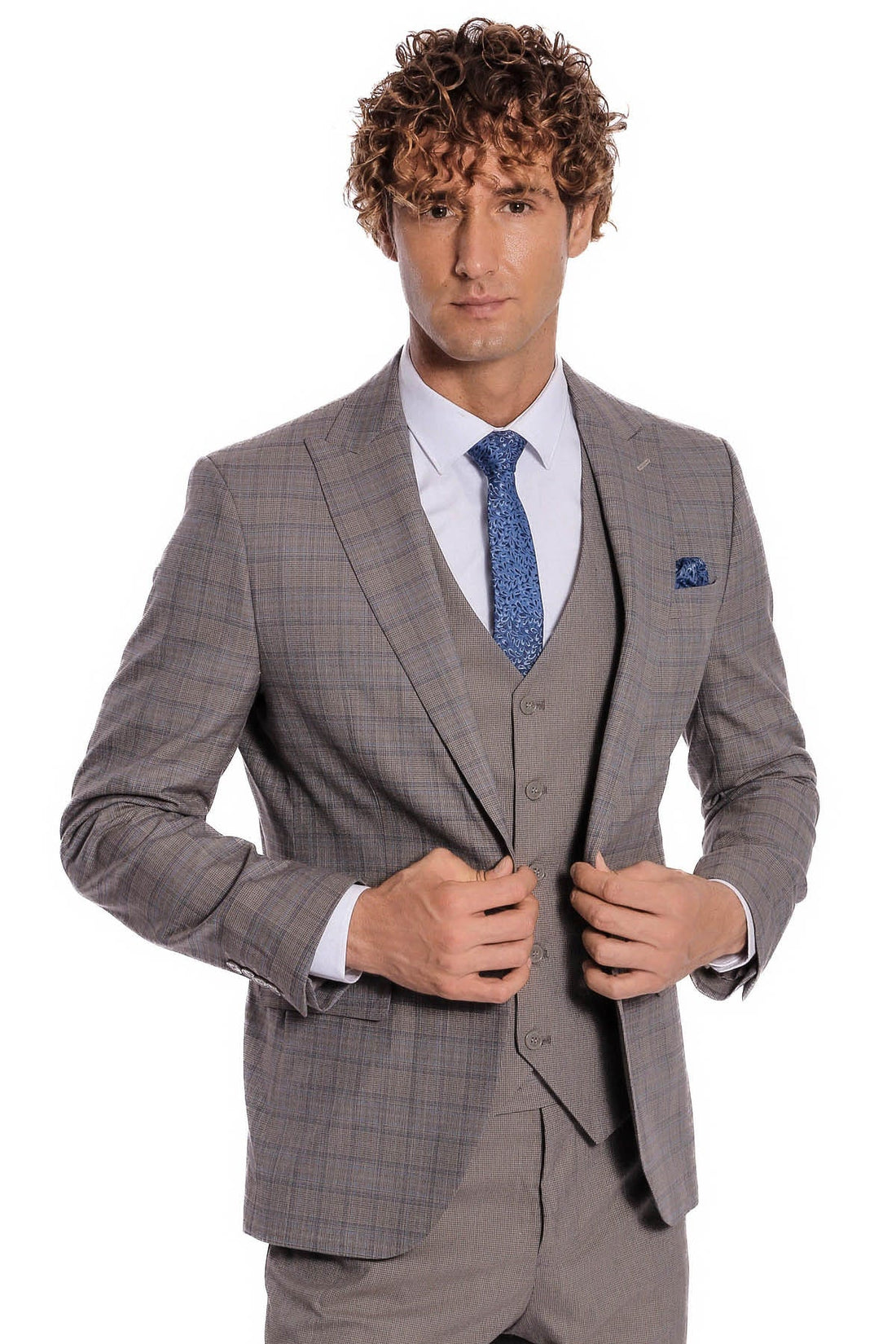 Checked Slim Fit Light Brown Men Suit - Wessi