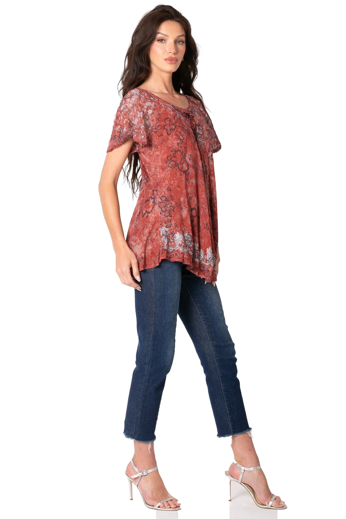 Sakkas Ash Speckled Tiedye Embroidered Cap Sleeve Blouse Top With Embroidery Hems