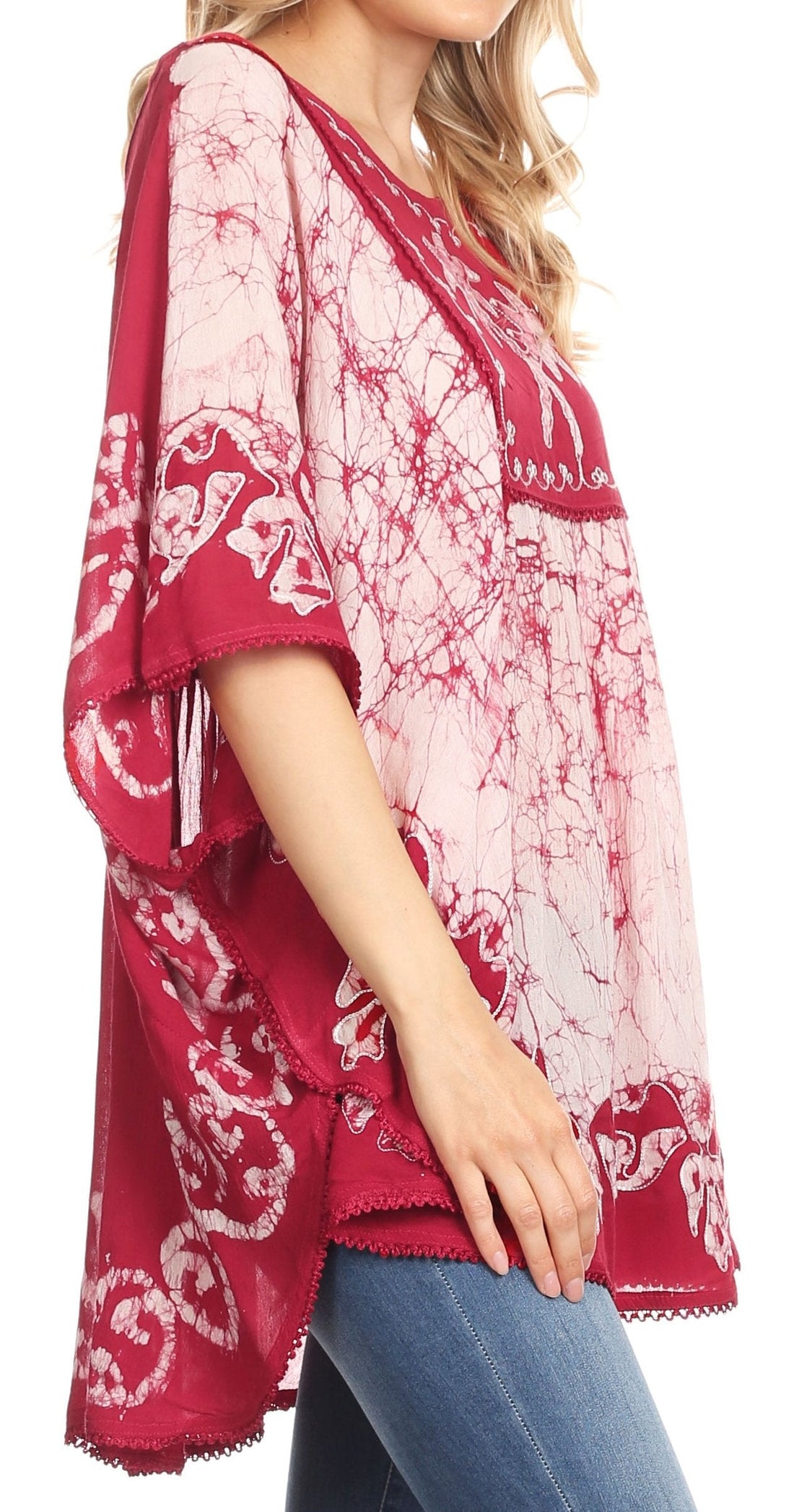 Sakkas Lynda Two Tone Batik Embroidered Palm Tree Peasant Top / Poncho