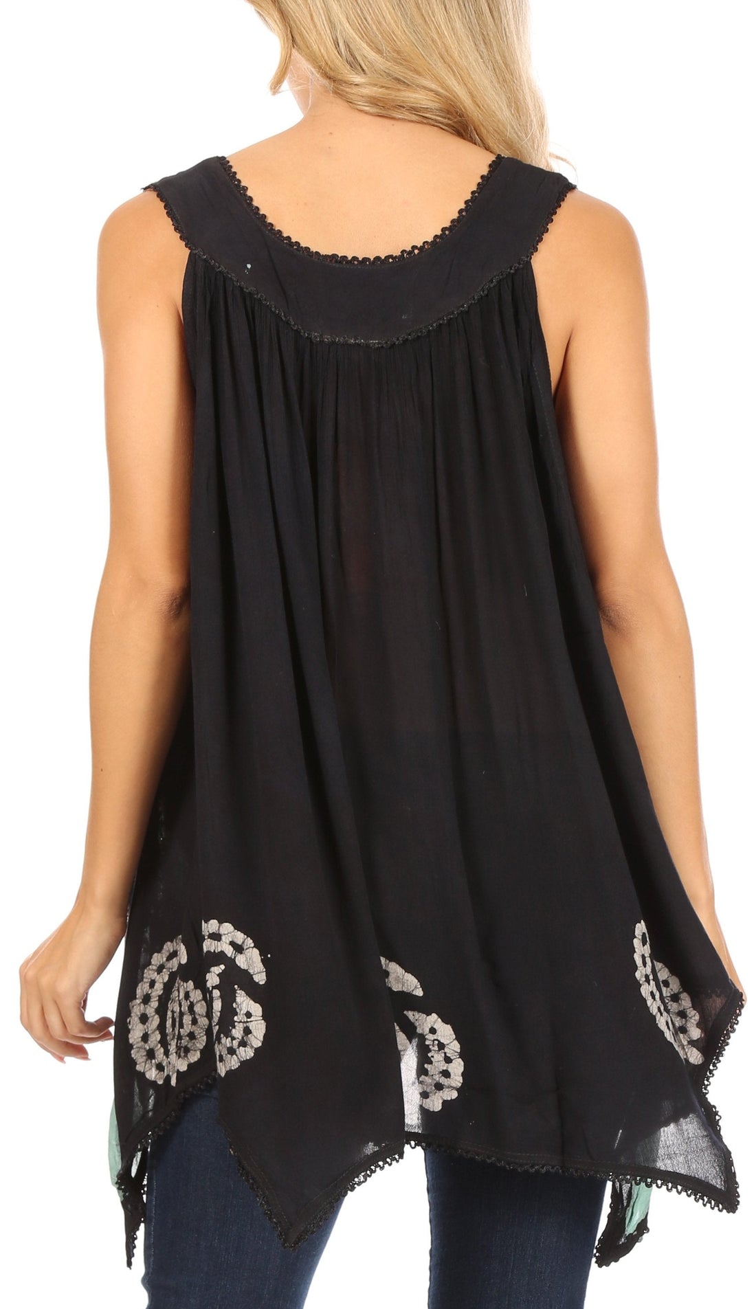 Sakkas Gaia V-neck Sleeveless Tank Top with Embroidery and Handkerchief Hem