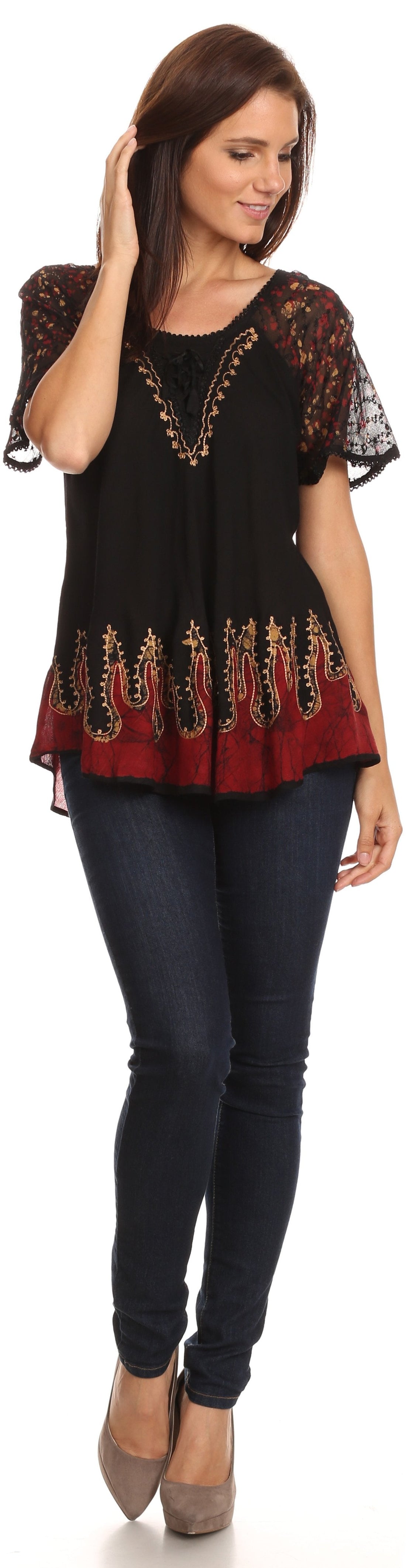 Sakkas Cora Relaxed Fit Batik Design Embroidery Cap Sleeves Blouse / Top