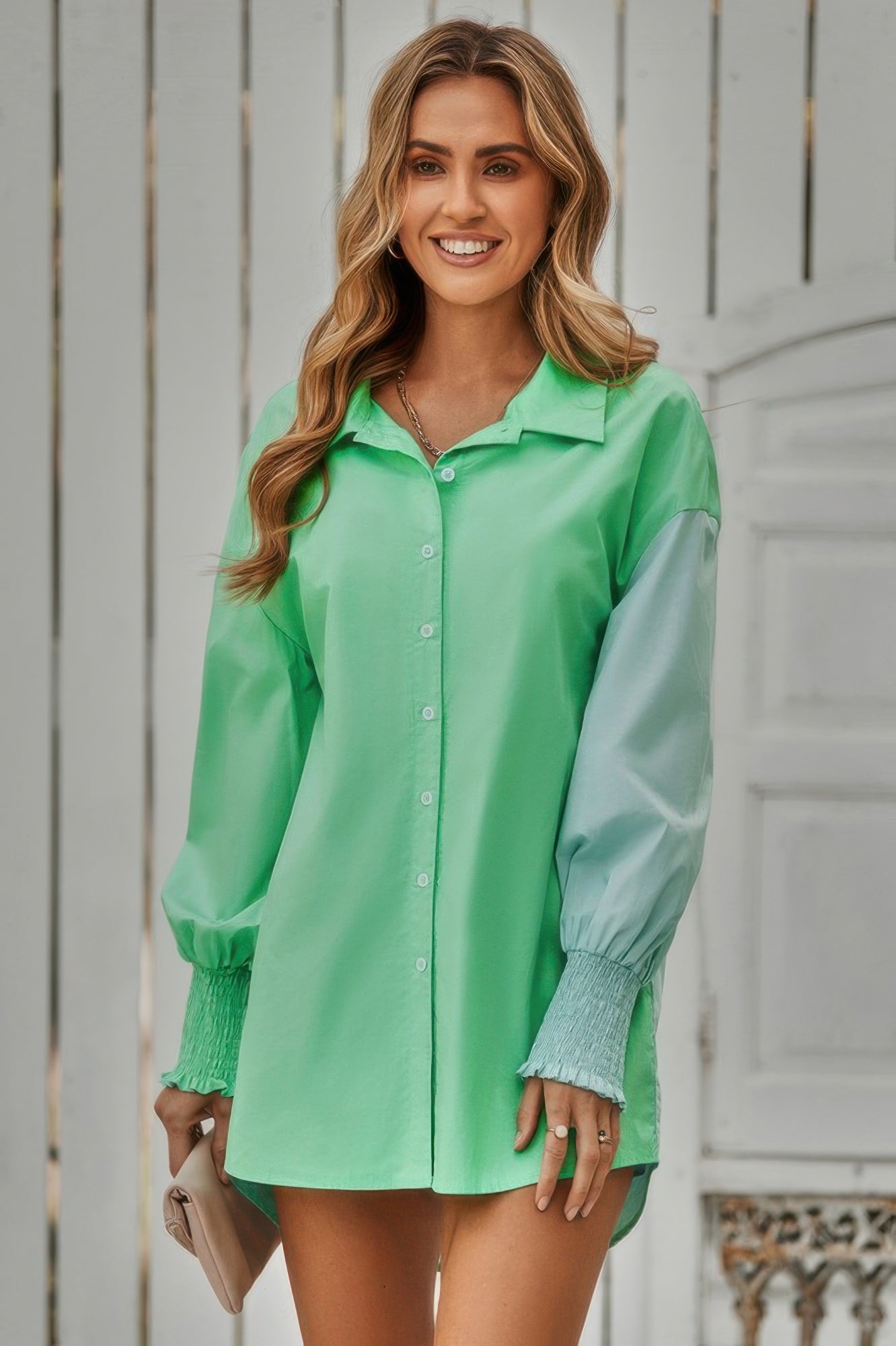 Color Block Button Down Cuffed Sleeves Blouse
