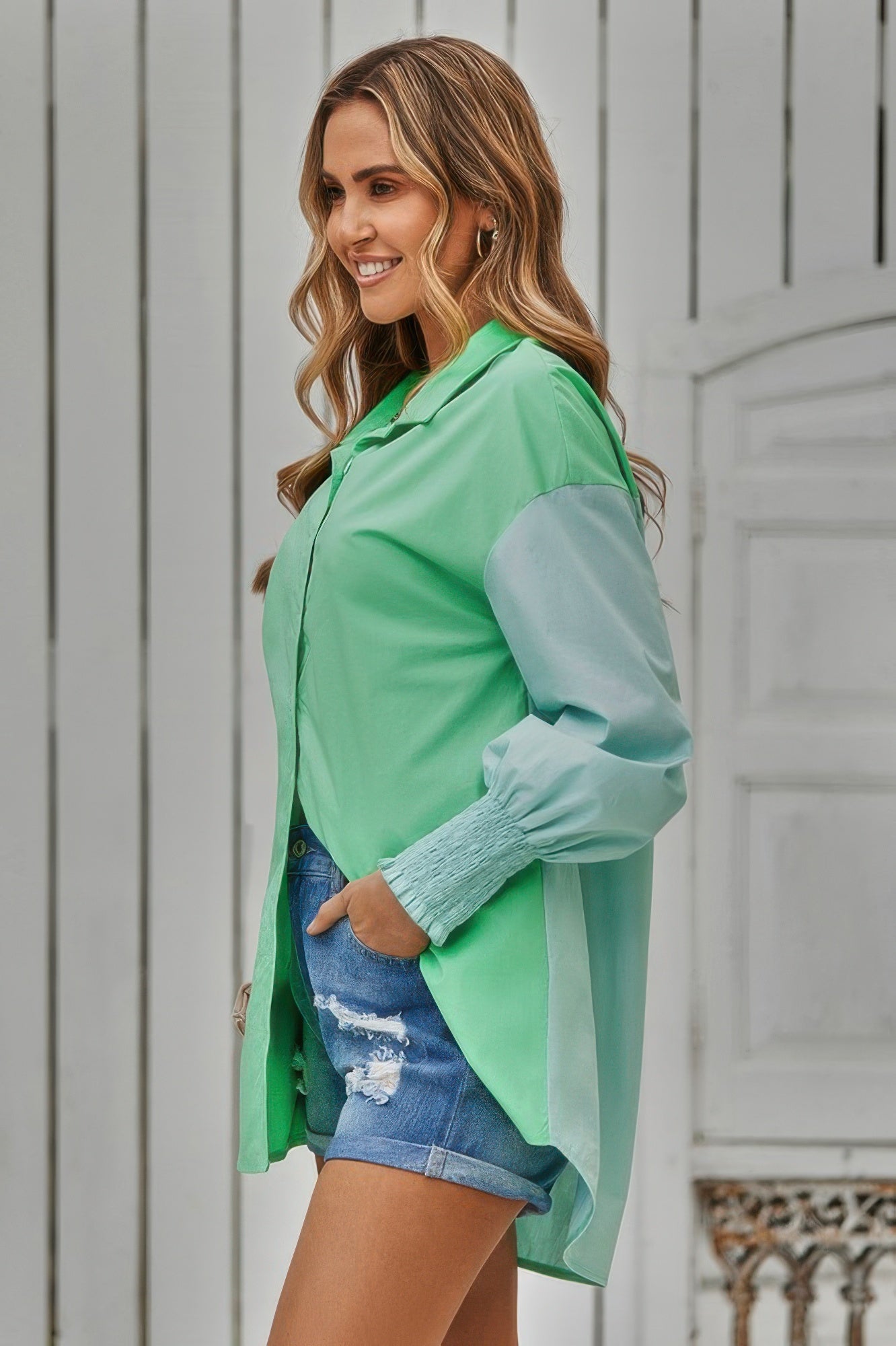 Color Block Button Down Cuffed Sleeves Blouse
