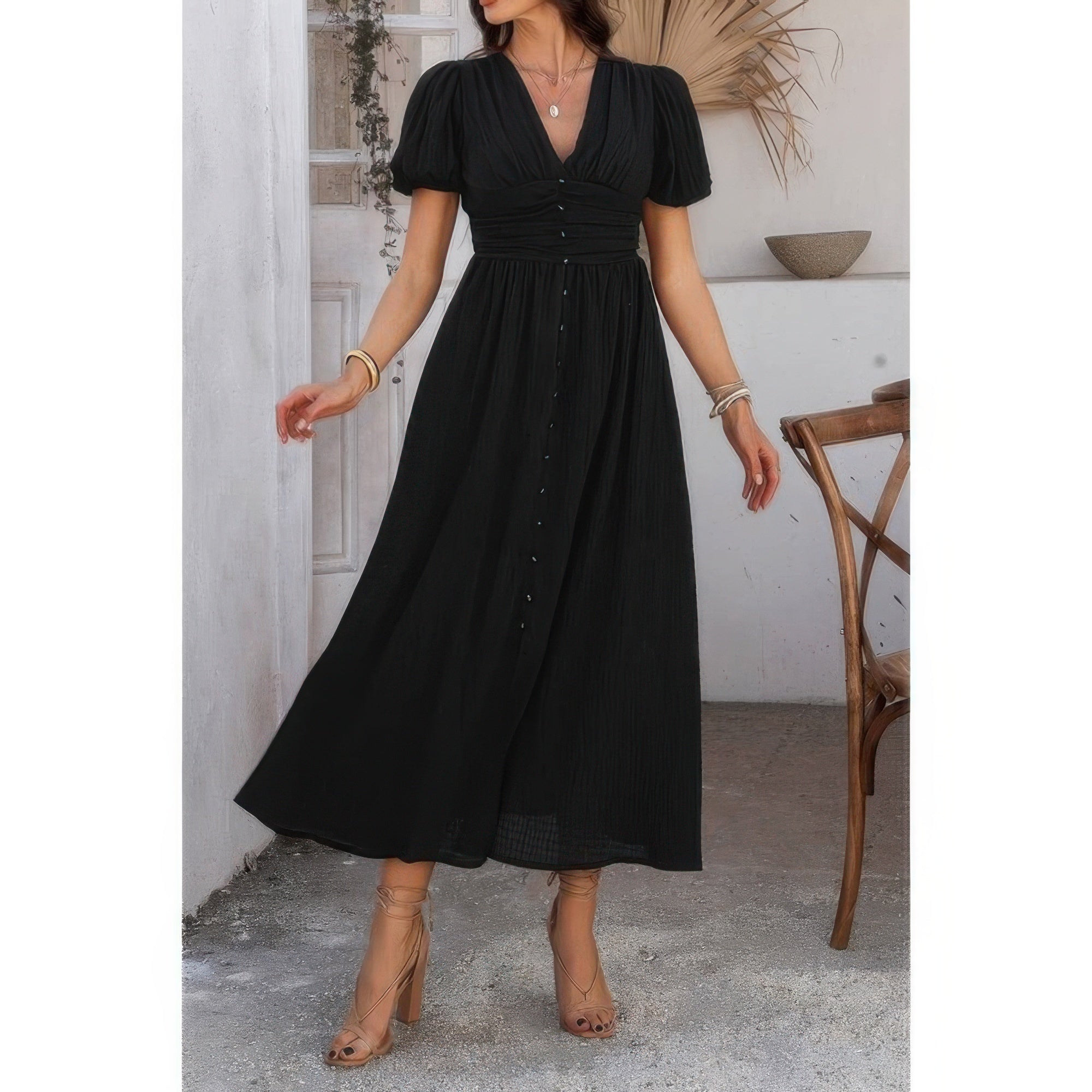Solid V Neck Puff Sleeves Solid Knot Detail Dress