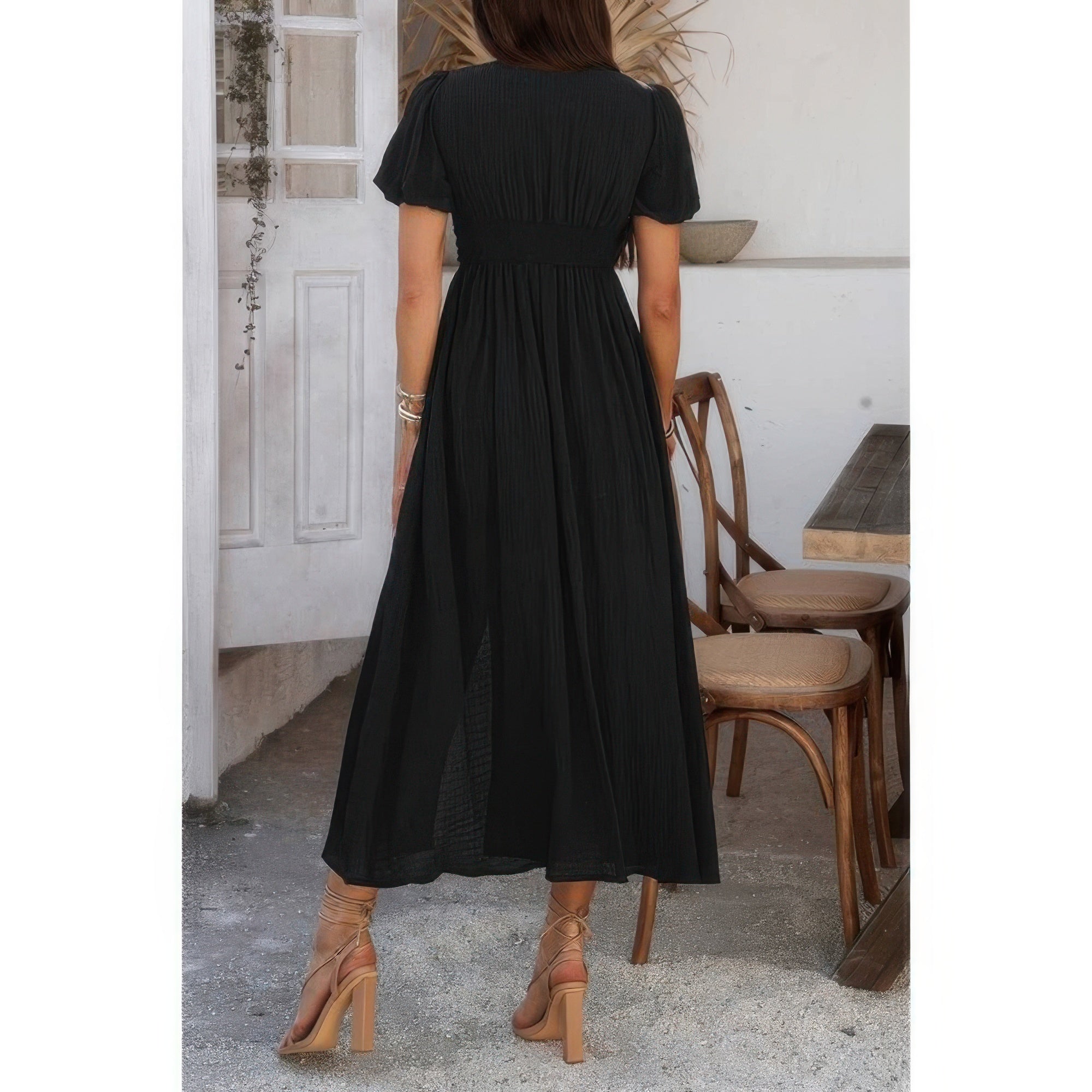 Solid V Neck Puff Sleeves Solid Knot Detail Dress