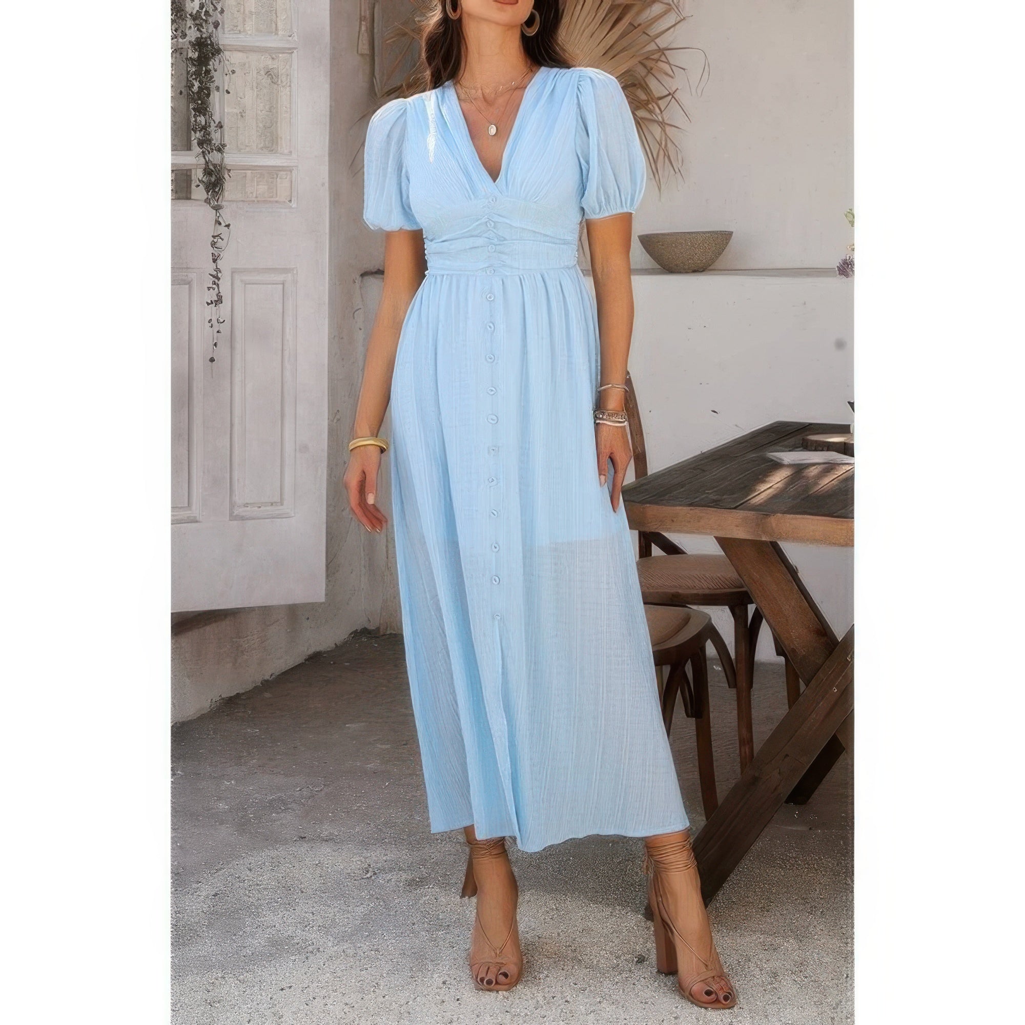 Solid V Neck Puff Sleeves Solid Knot Detail Dress