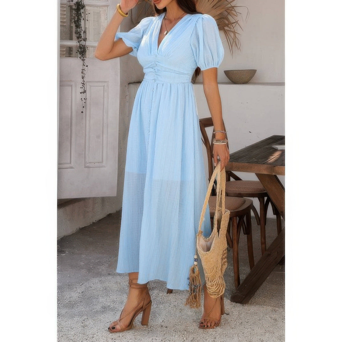 Solid V Neck Puff Sleeves Solid Knot Detail Dress