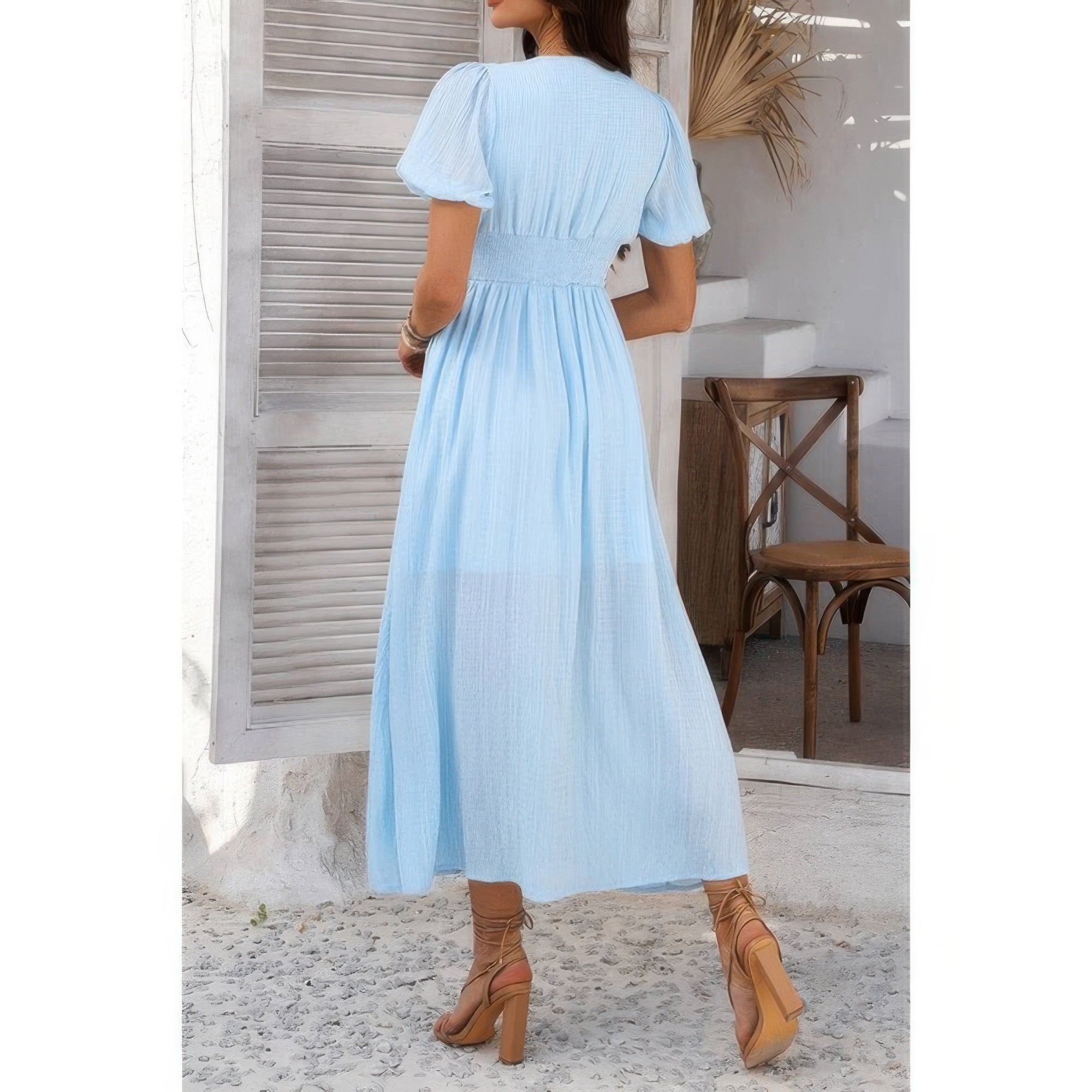 Solid V Neck Puff Sleeves Solid Knot Detail Dress