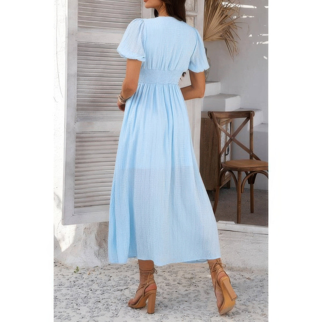 Solid V Neck Puff Sleeves Solid Knot Detail Dress