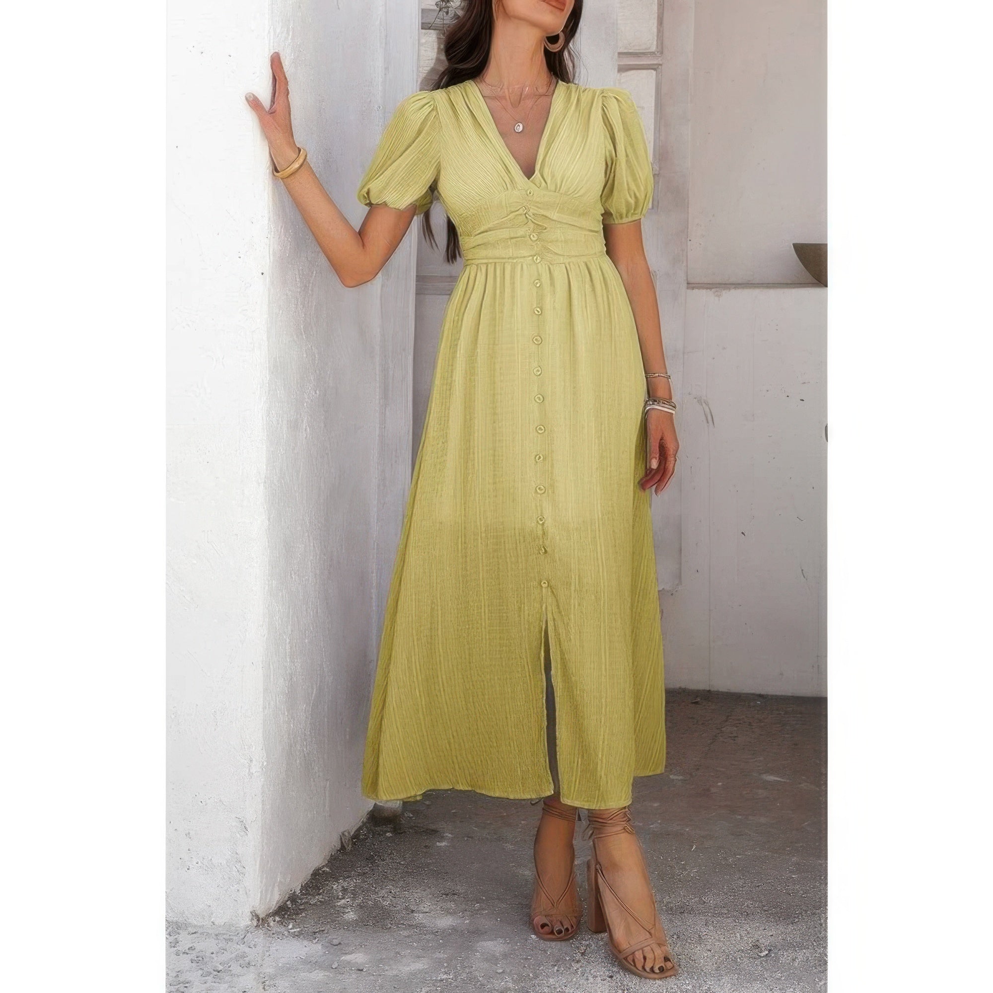 Solid V Neck Puff Sleeves Solid Knot Detail Dress