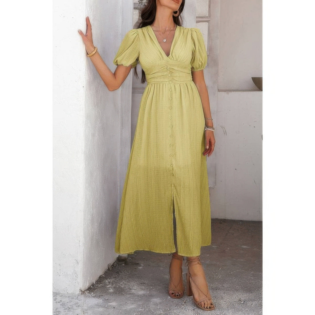 Solid V Neck Puff Sleeves Solid Knot Detail Dress