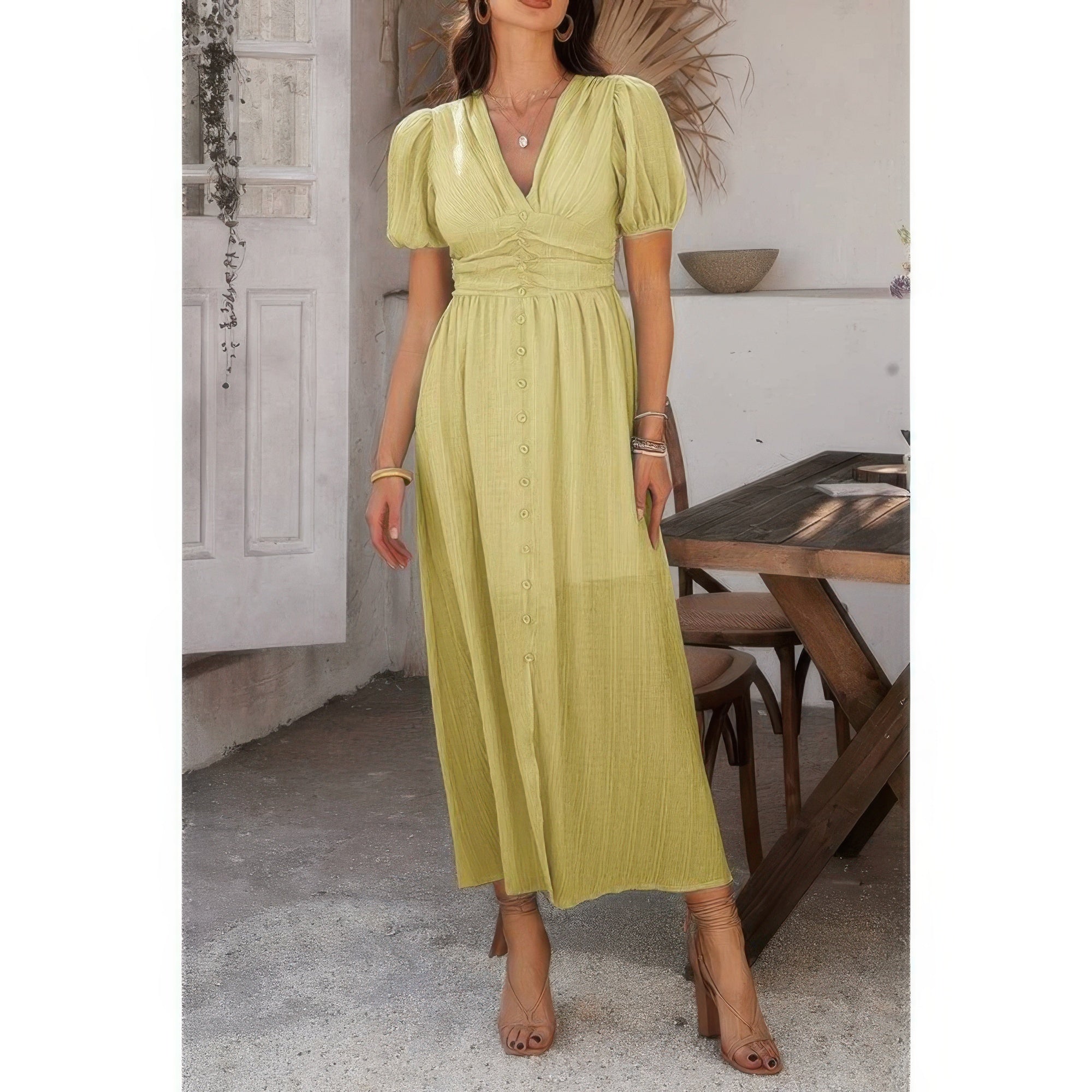 Solid V Neck Puff Sleeves Solid Knot Detail Dress