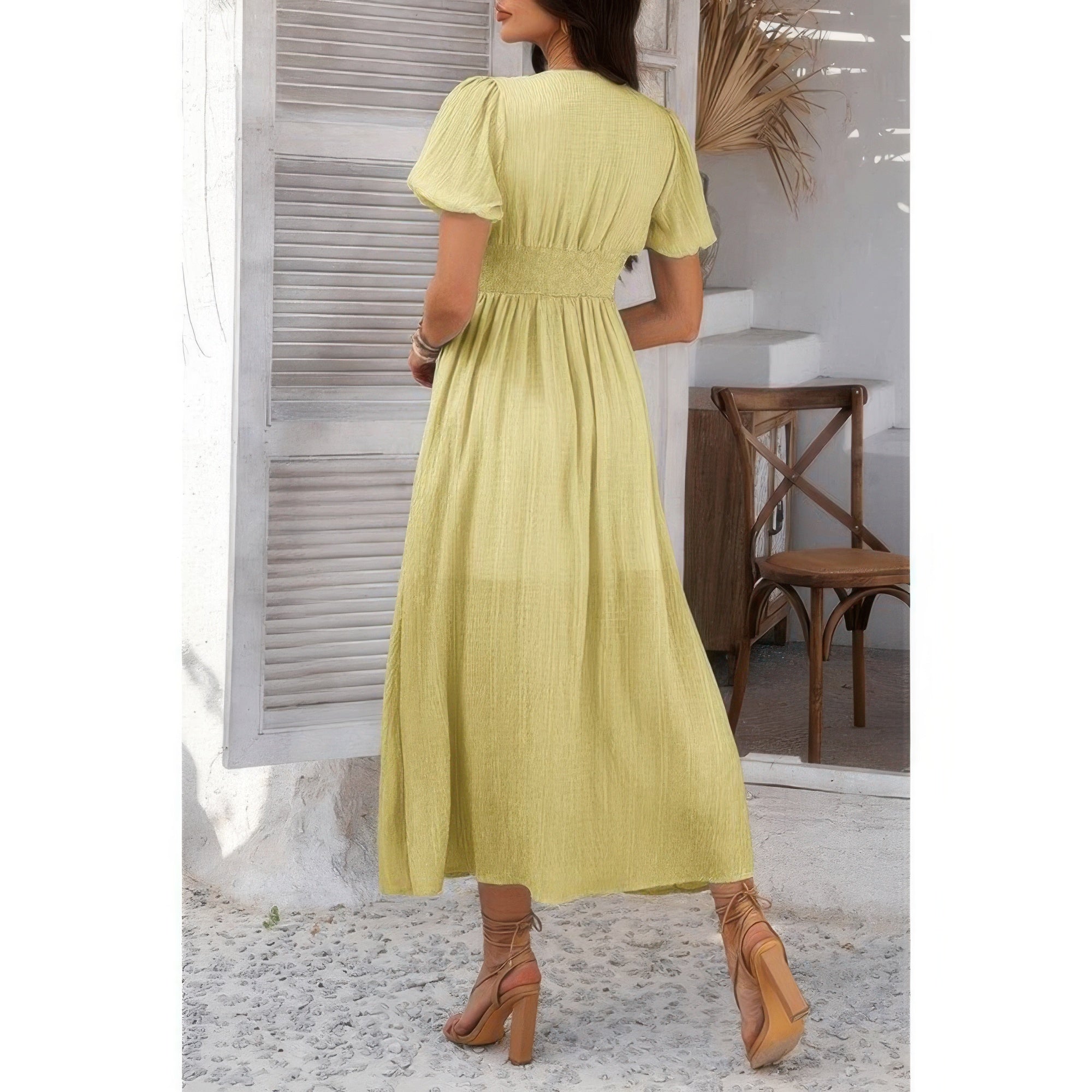 Solid V Neck Puff Sleeves Solid Knot Detail Dress