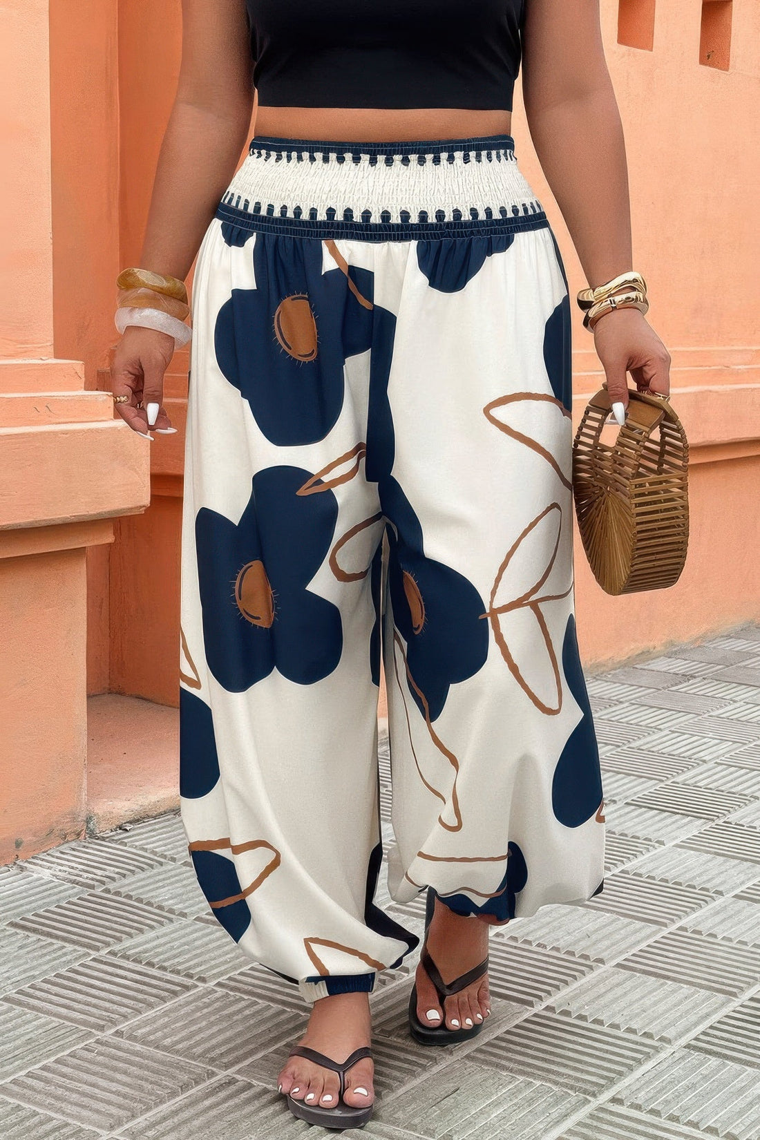 Plus Size Floral Print Elastic Waist Pants
