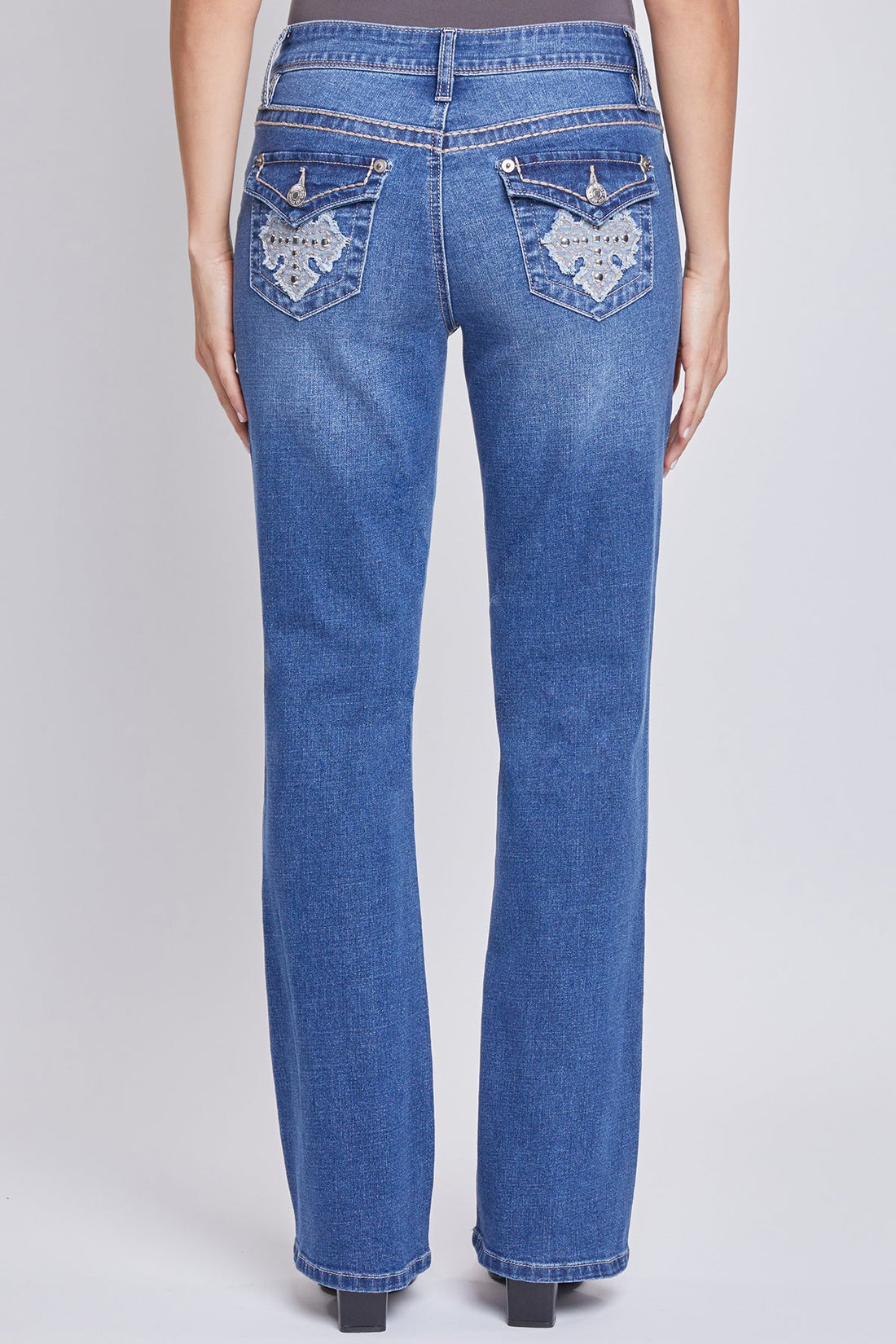 Women’s Mid-Rise Studded Cross Flap Pocket Bootcut Jean