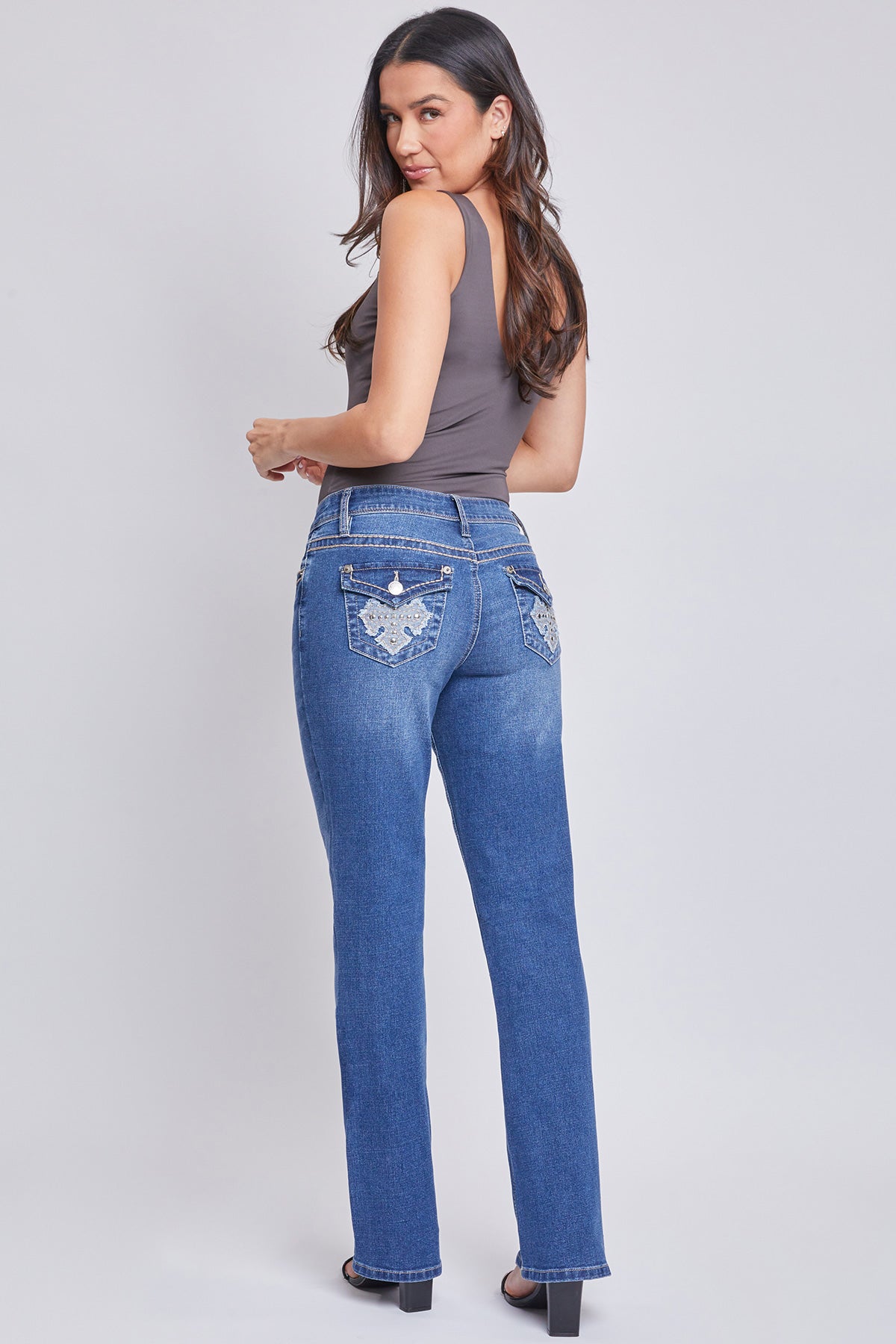 Women’s Mid-Rise Studded Cross Flap Pocket Bootcut Jean