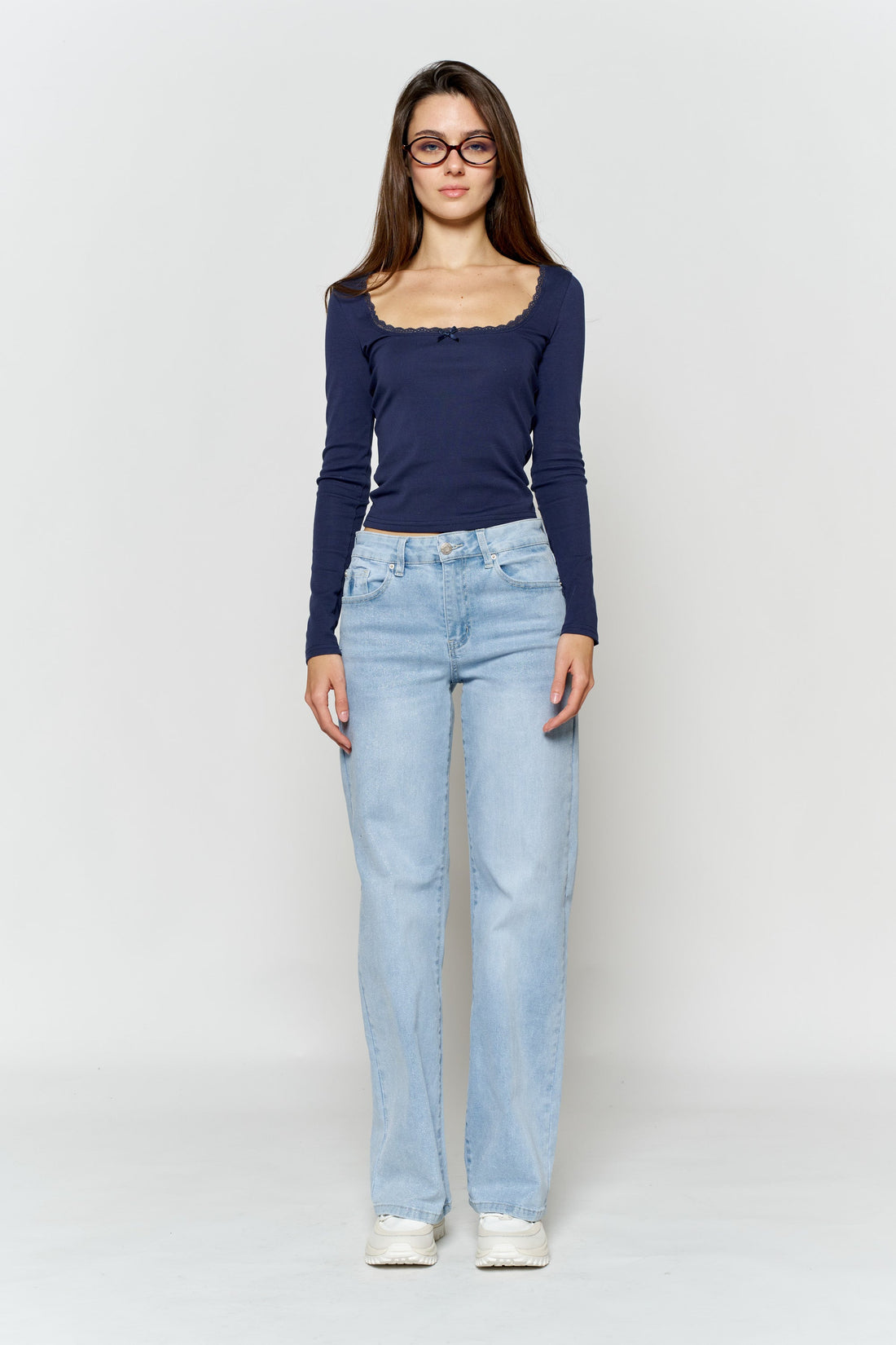 High Rise Wide Leg Jeans with Silver Glitter Effect