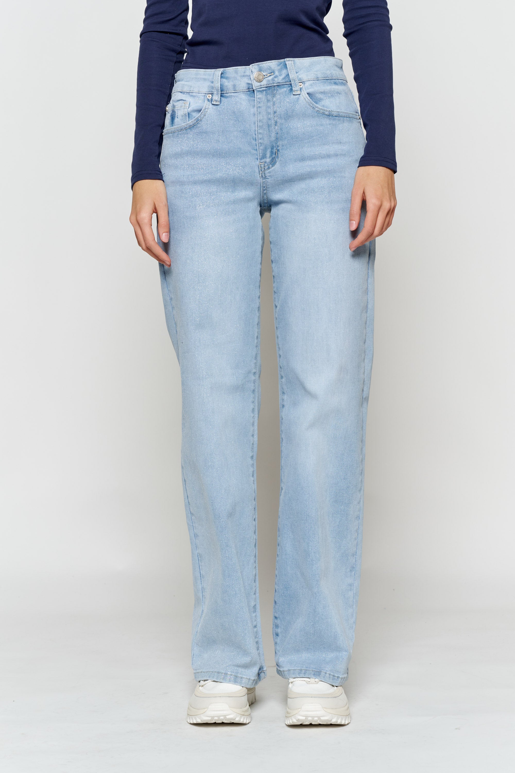 High Rise Wide Leg Jeans with Silver Glitter Effect