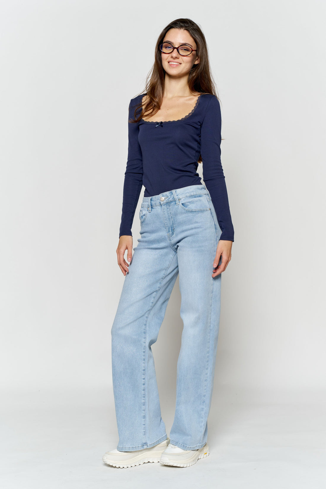 High Rise Wide Leg Jeans with Silver Glitter Effect