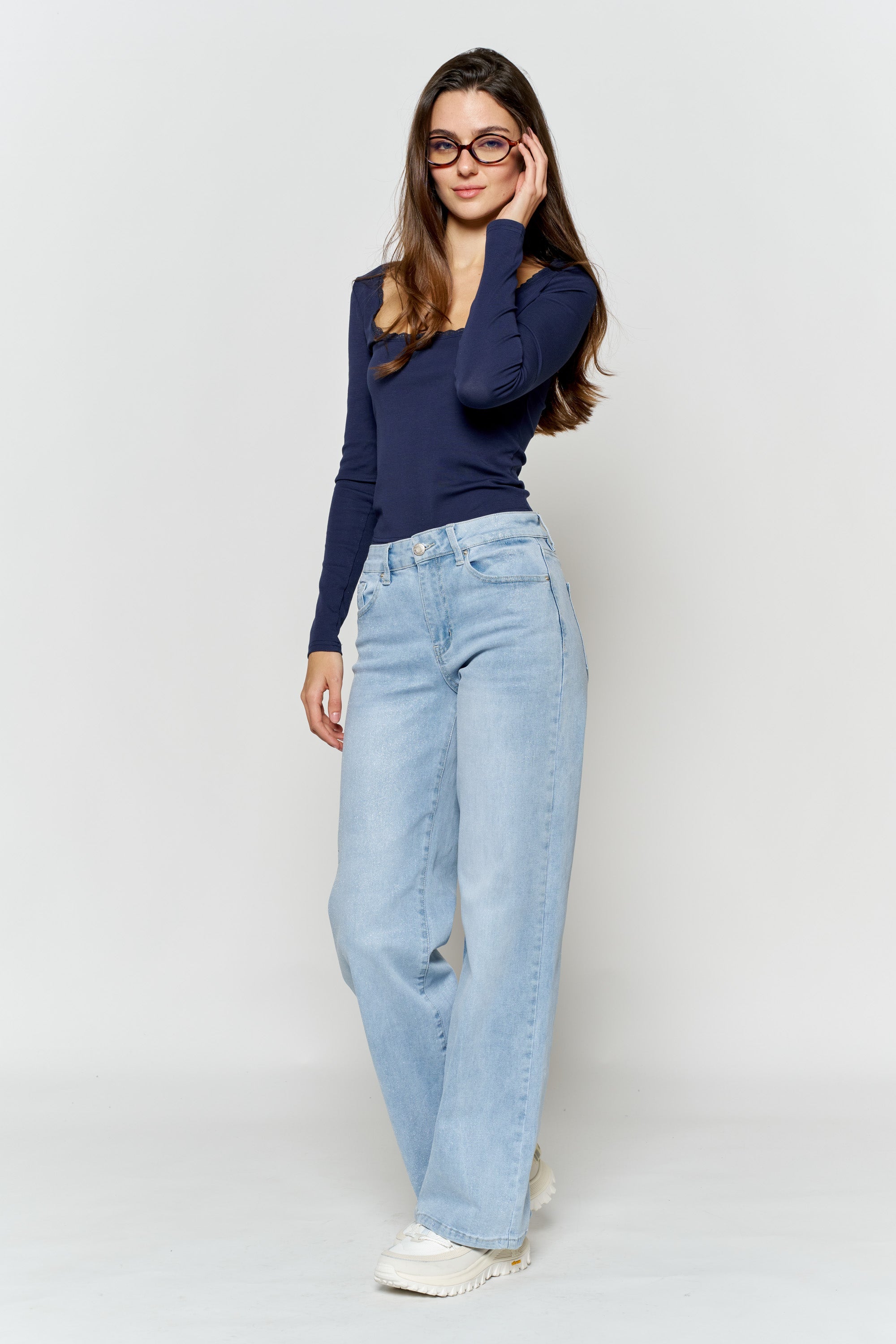 High Rise Wide Leg Jeans with Silver Glitter Effect