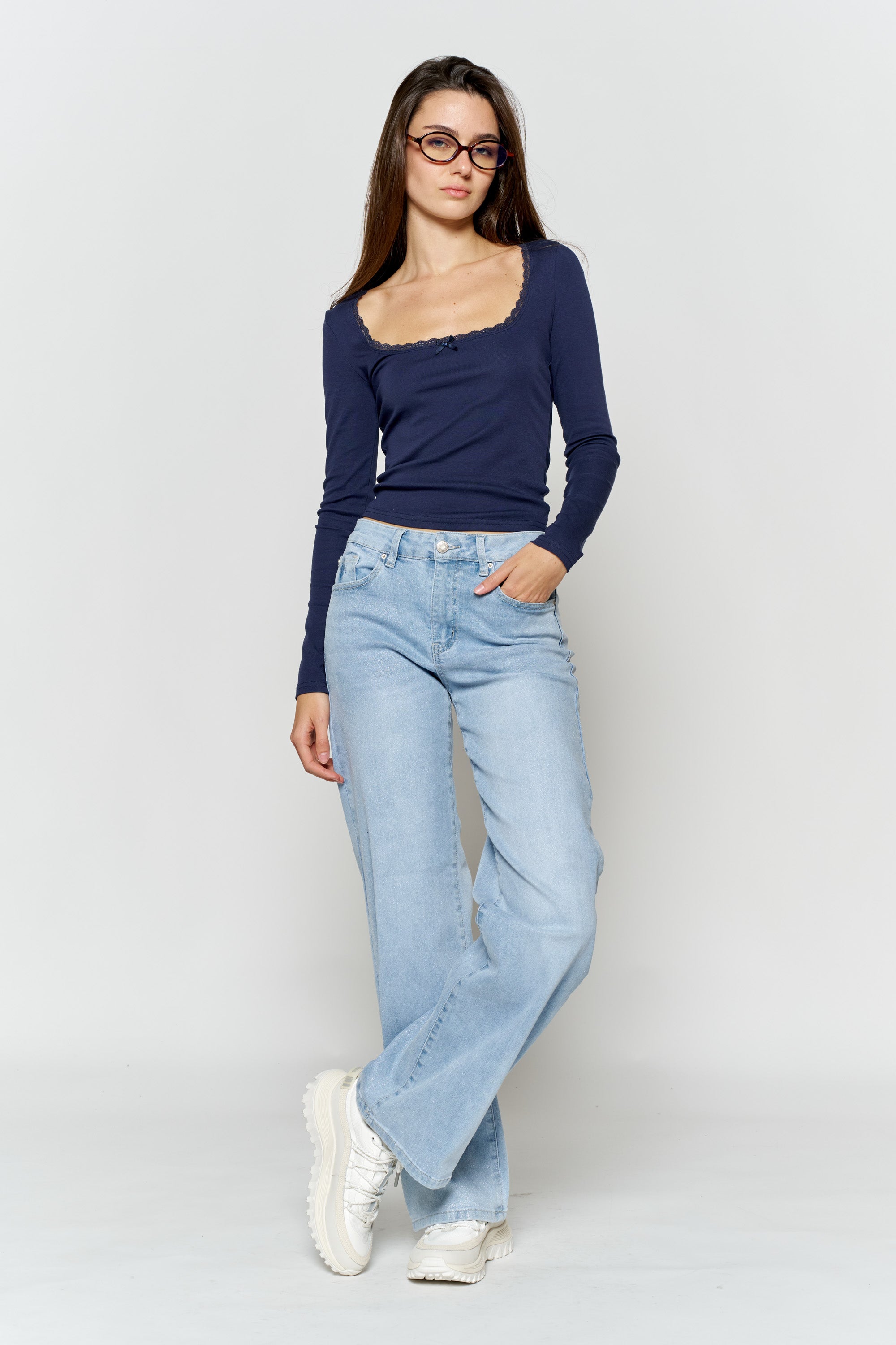 High Rise Wide Leg Jeans with Silver Glitter Effect