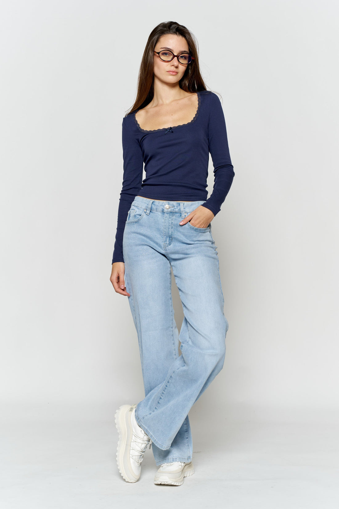 High Rise Wide Leg Jeans with Silver Glitter Effect