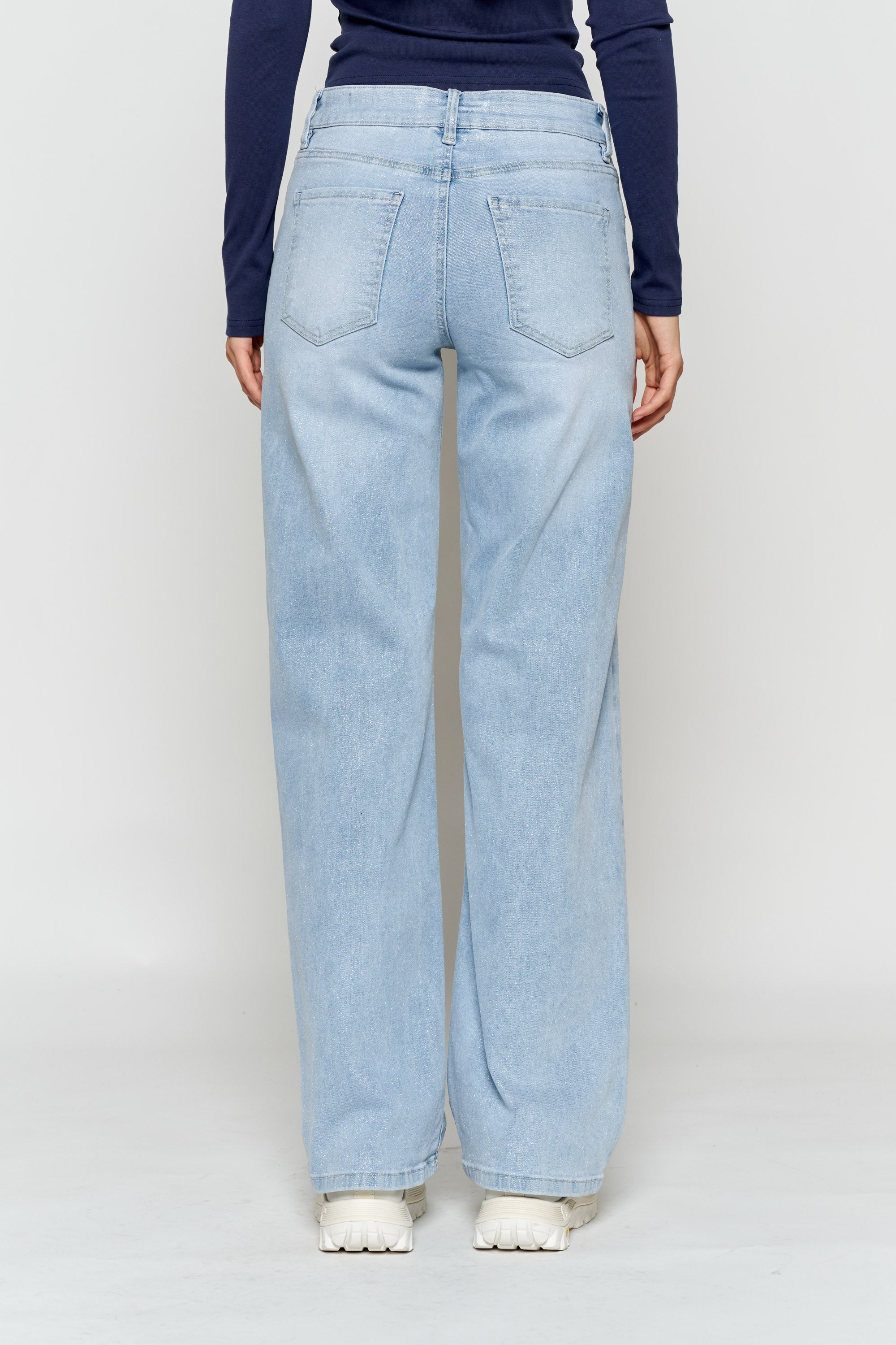 High Rise Wide Leg Jeans with Silver Glitter Effect