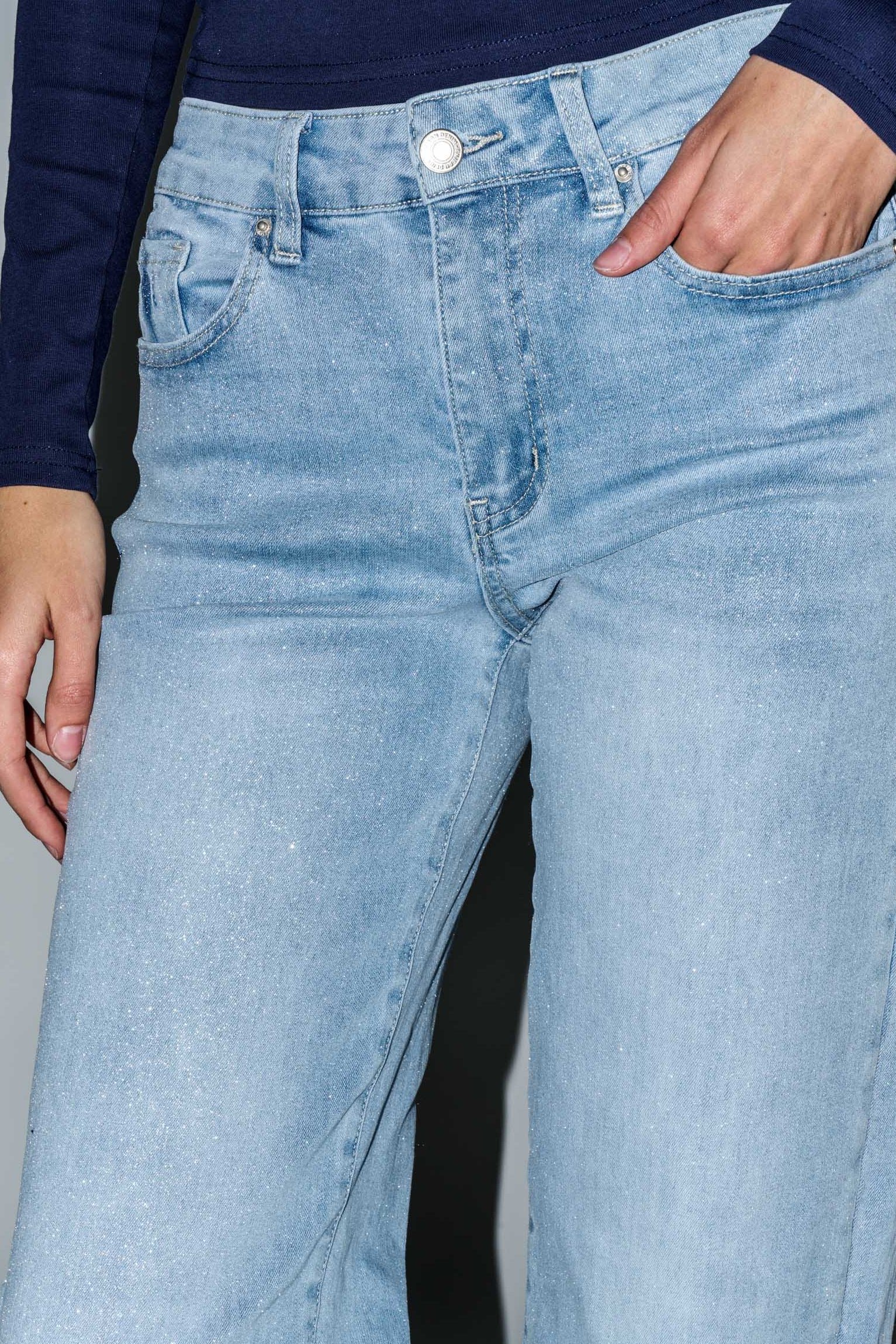 High Rise Wide Leg Jeans with Silver Glitter Effect