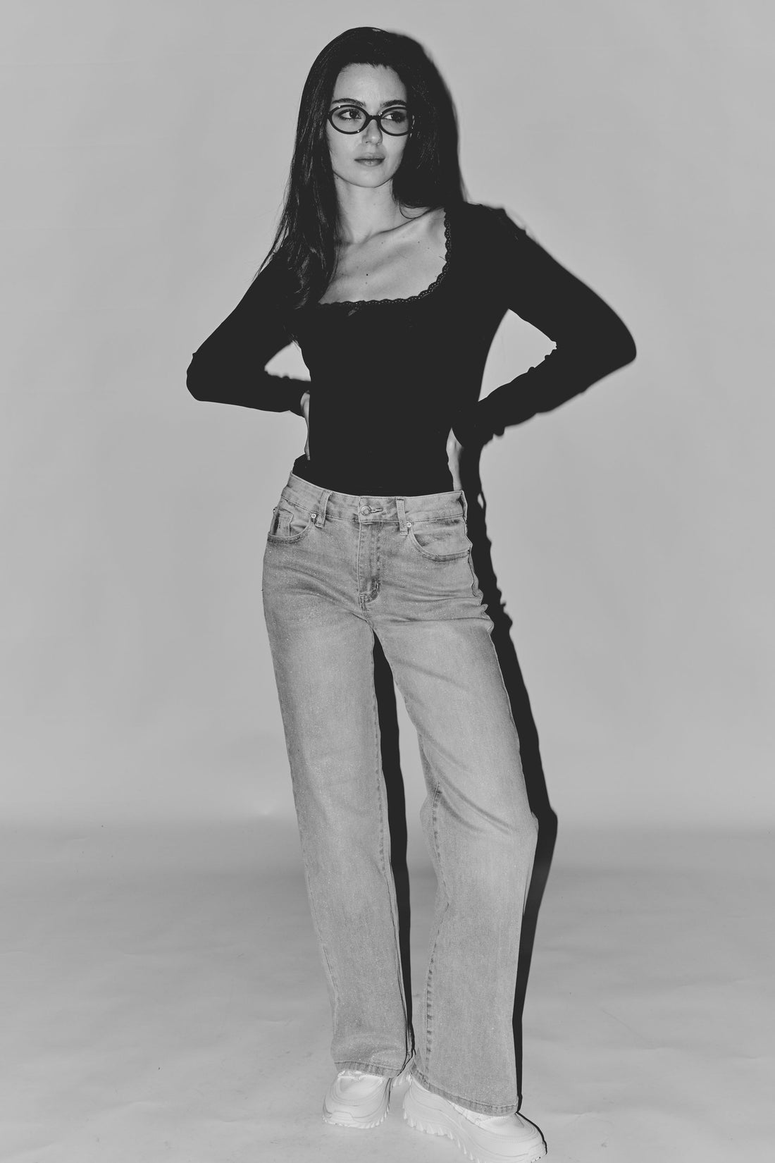 High Rise Wide Leg Jeans with Silver Glitter Effect