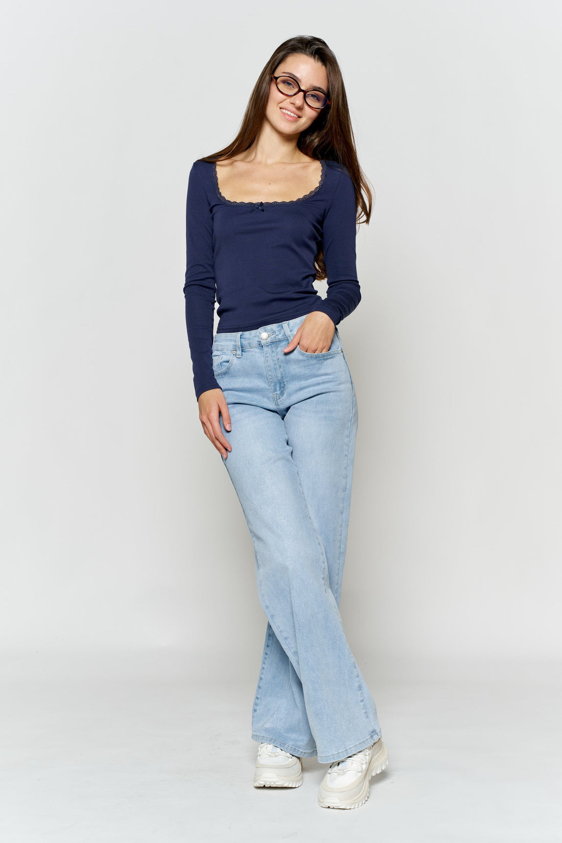 High Rise Wide Leg Jeans with Silver Glitter Effect