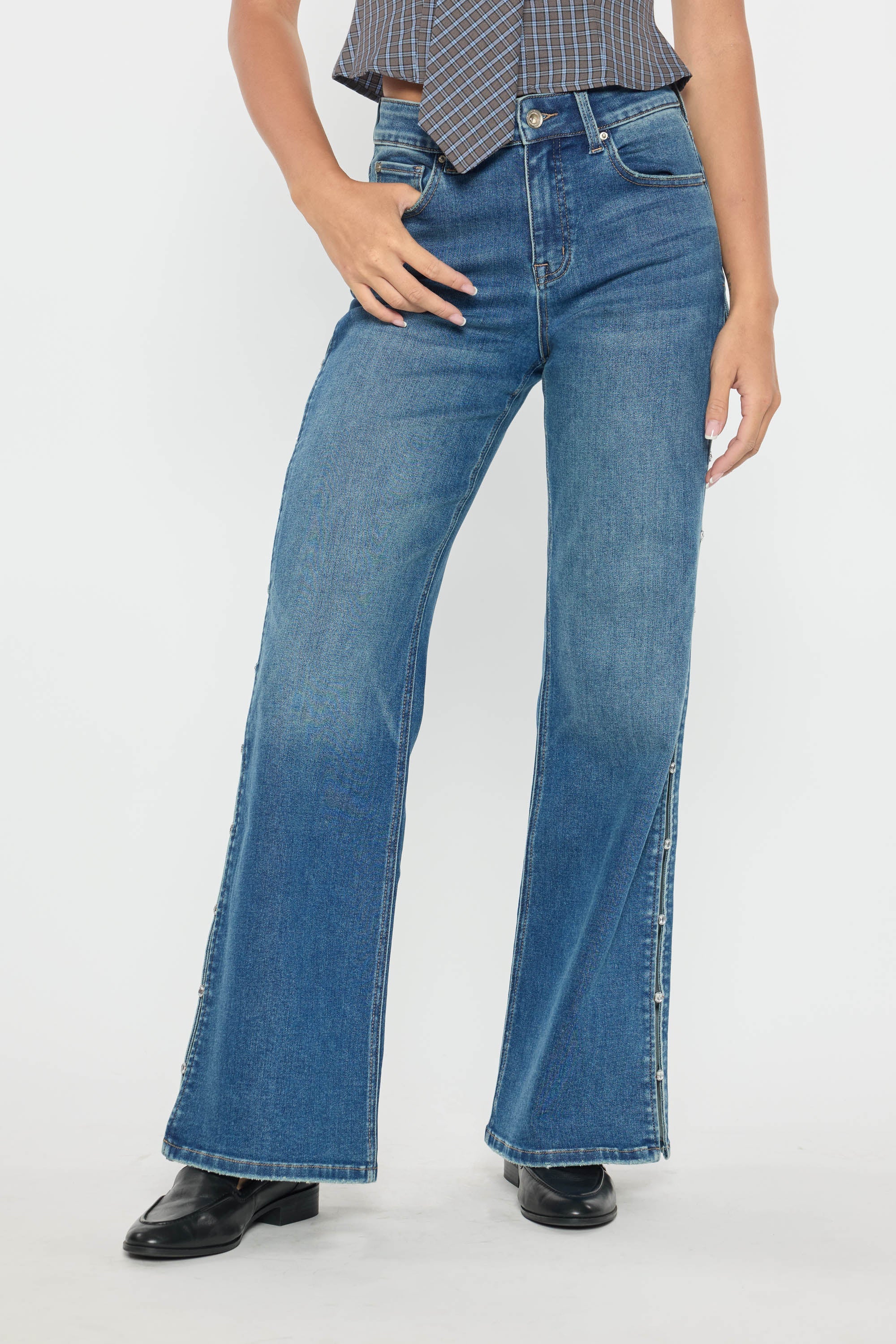 High Rise Wide Leg Jeans with Rhinestone Cutout Detail