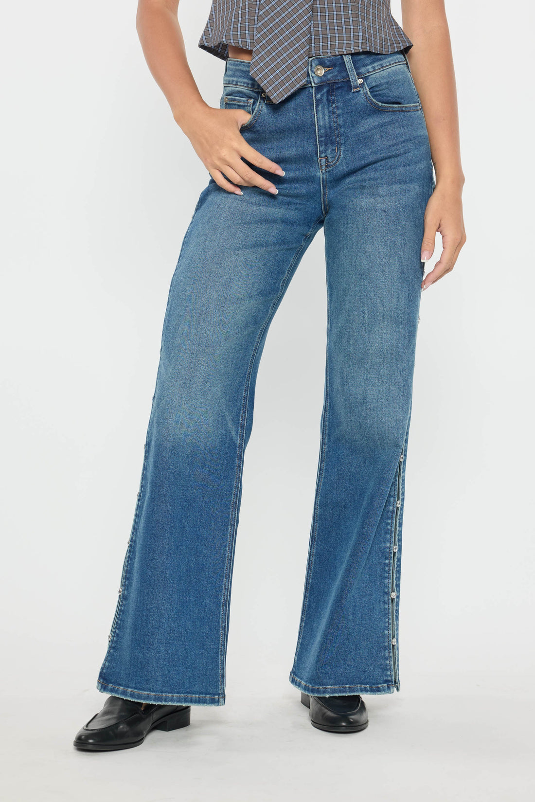 High Rise Wide Leg Jeans with Rhinestone Cutout Detail