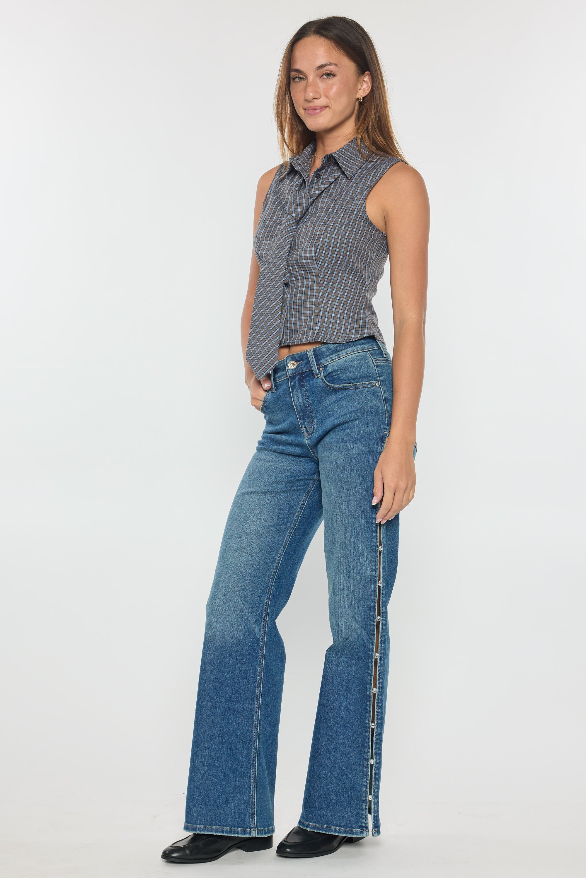 High Rise Wide Leg Jeans with Rhinestone Cutout Detail