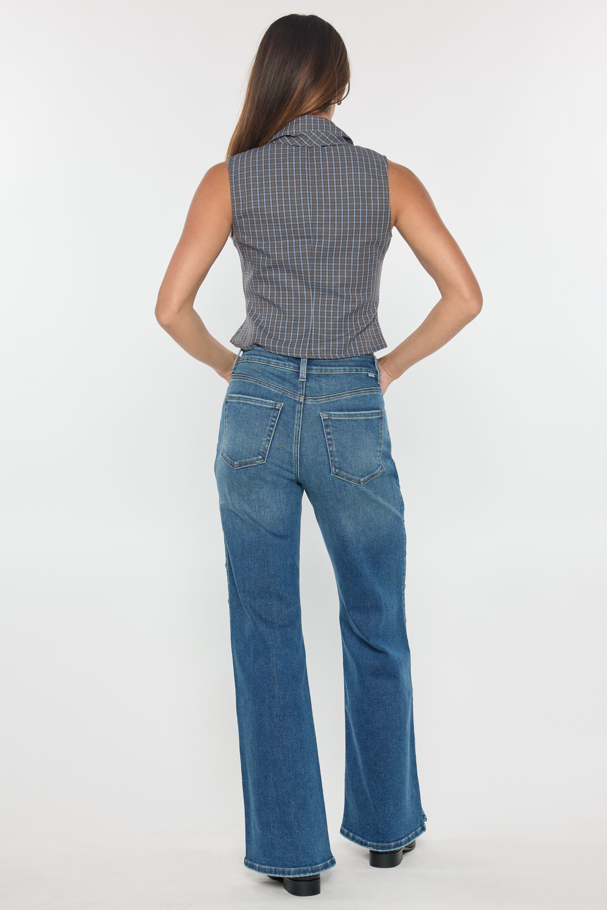High Rise Wide Leg Jeans with Rhinestone Cutout Detail