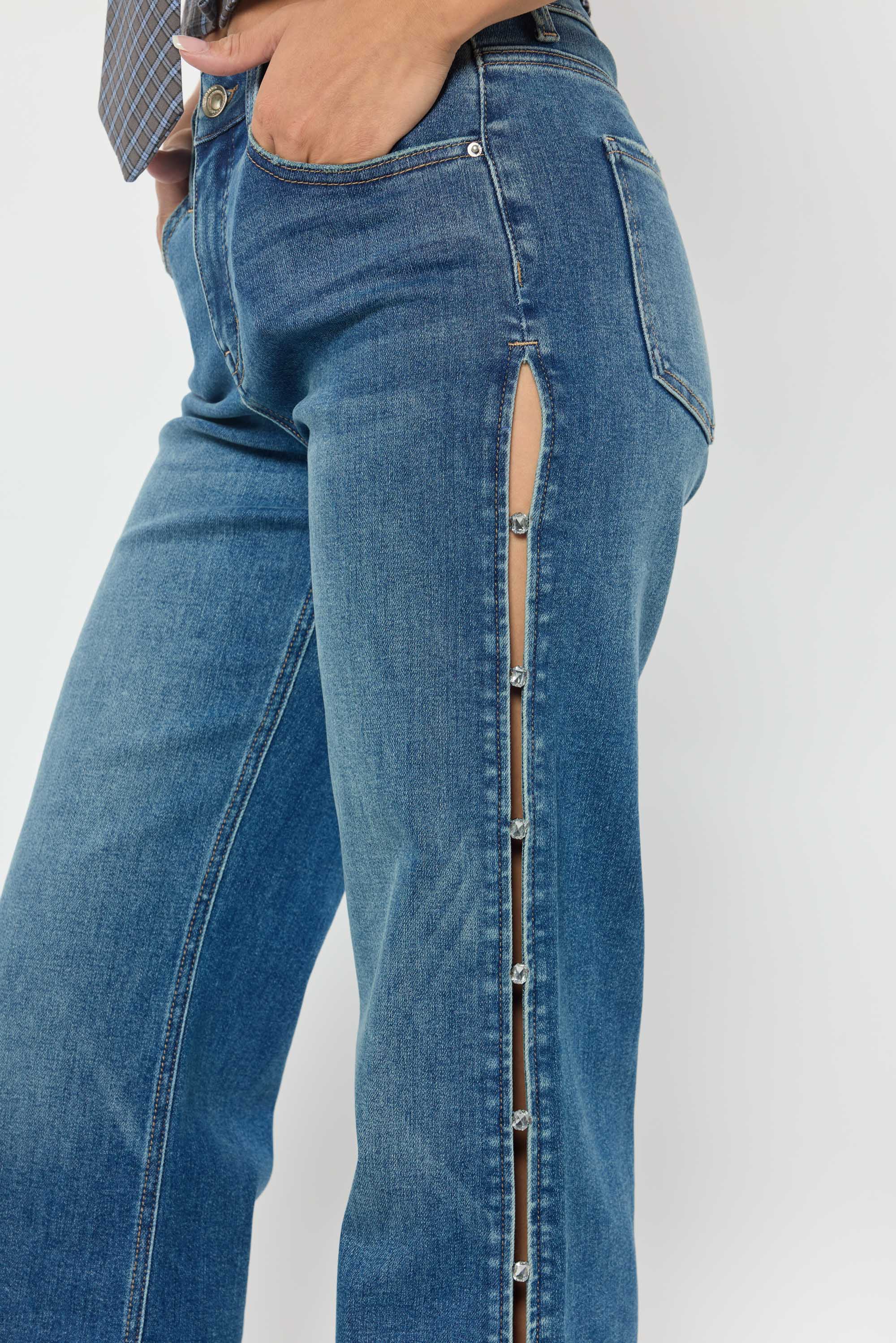 High Rise Wide Leg Jeans with Rhinestone Cutout Detail