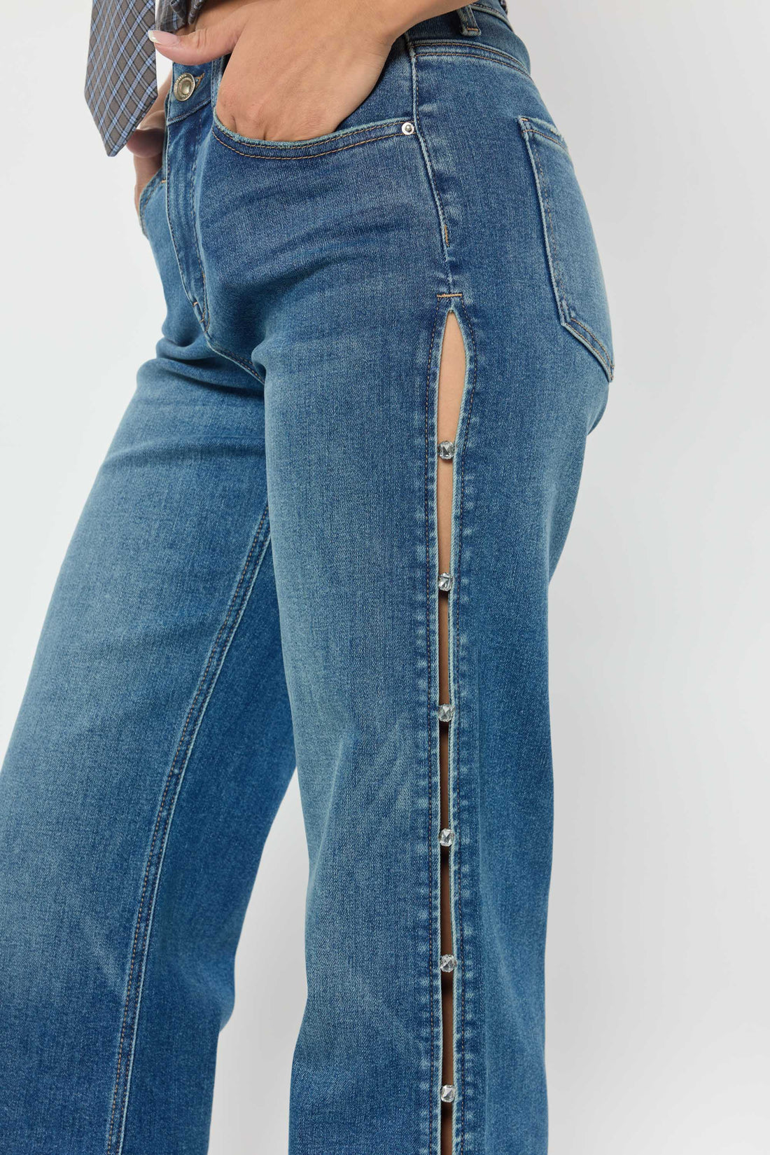 High Rise Wide Leg Jeans with Rhinestone Cutout Detail